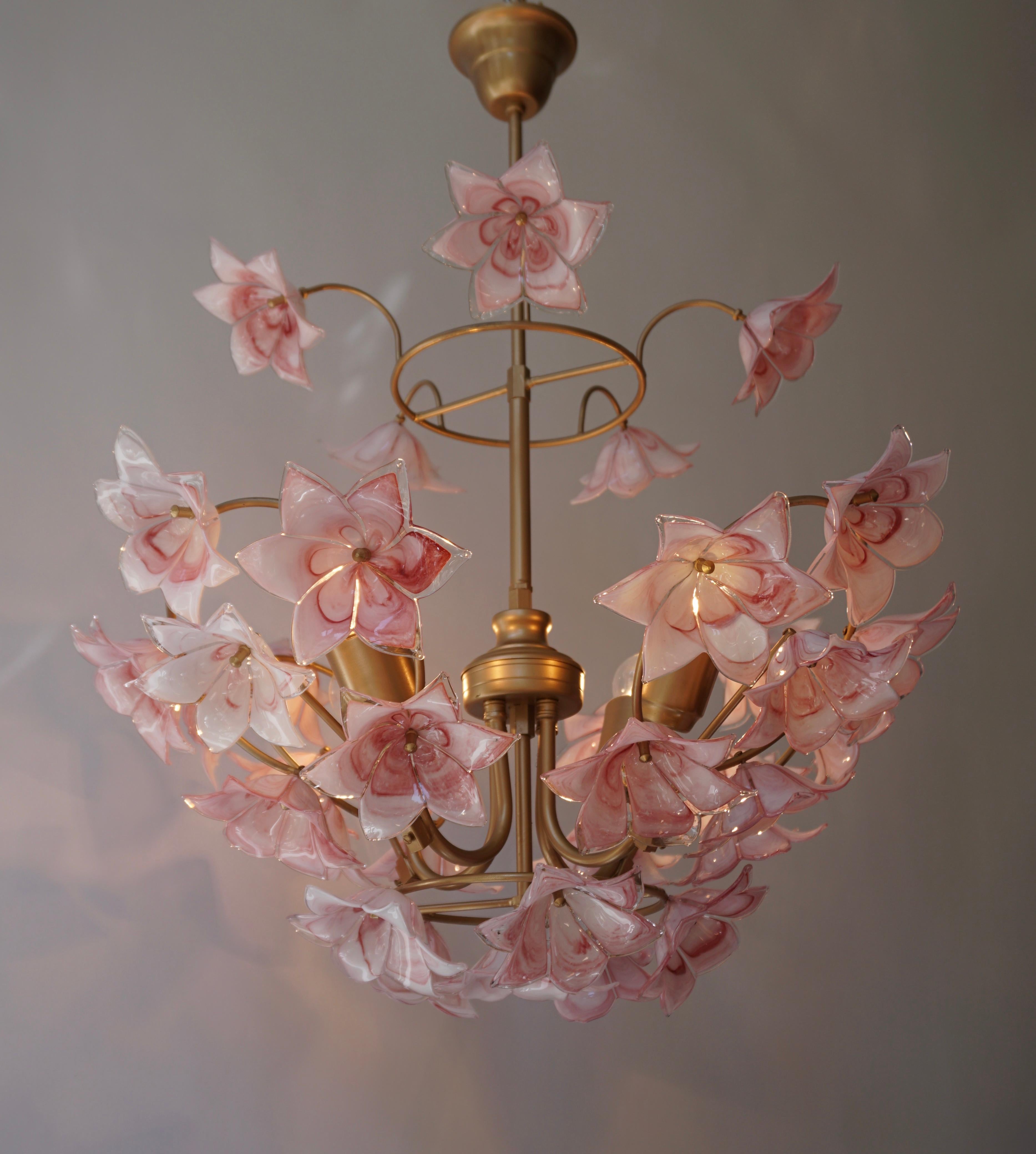 Hollywood Regency Italian Chandelier with Pink White Murano Glass Flowers
