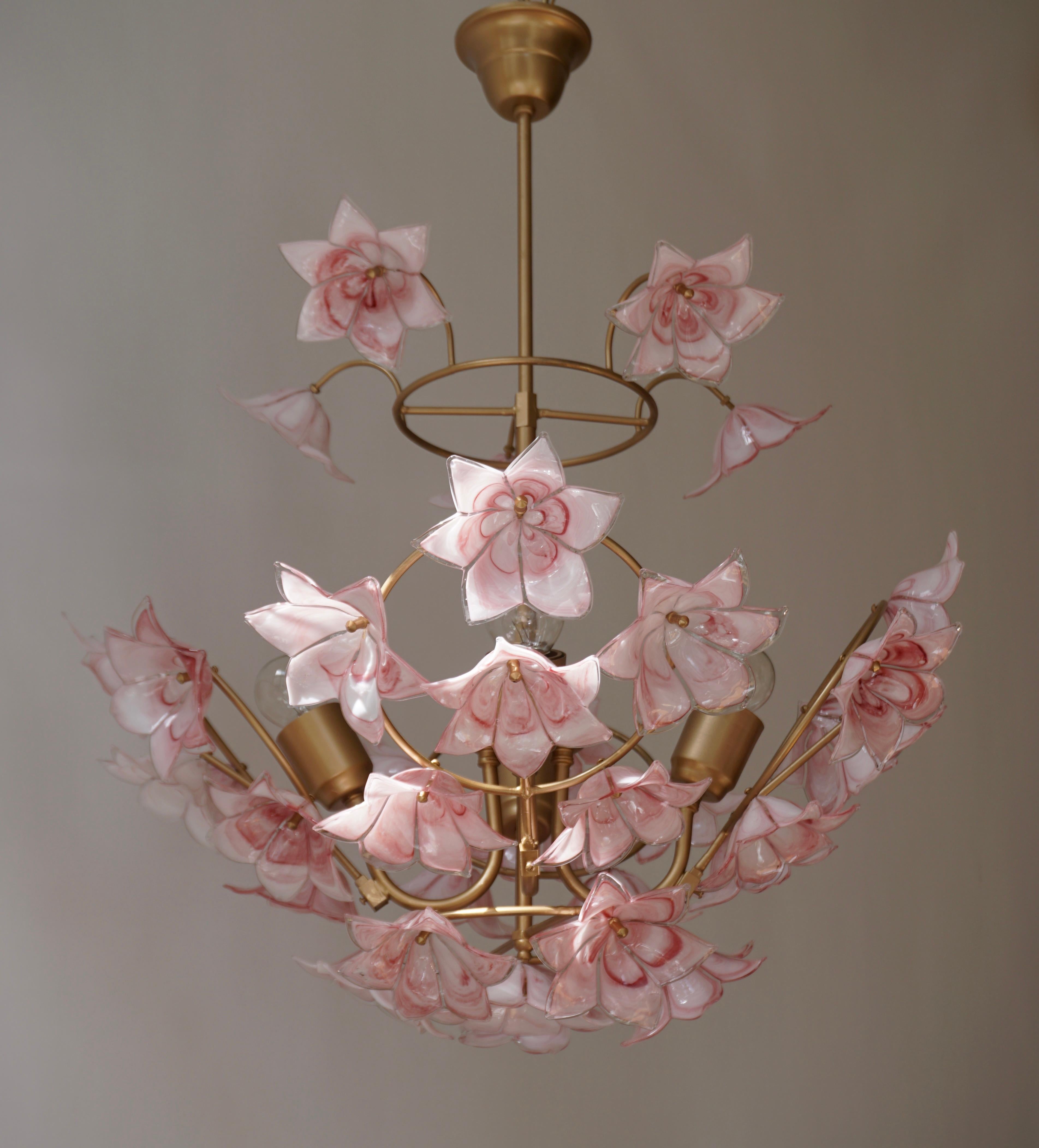 Brass Italian Chandelier with Pink White Murano Glass Flowers
