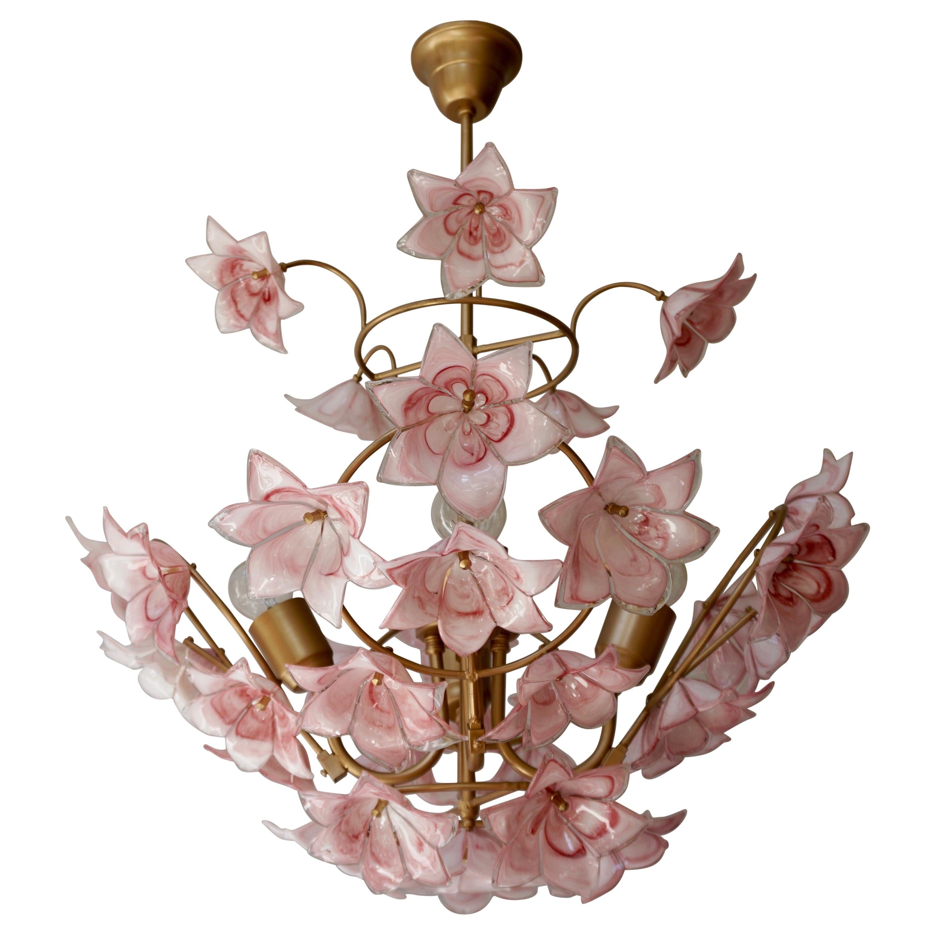 Italian Chandelier with Pink White Murano Glass Flowers
