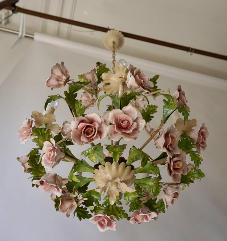 Italian Chandelier with Porcelain Flowers at 1stDibs