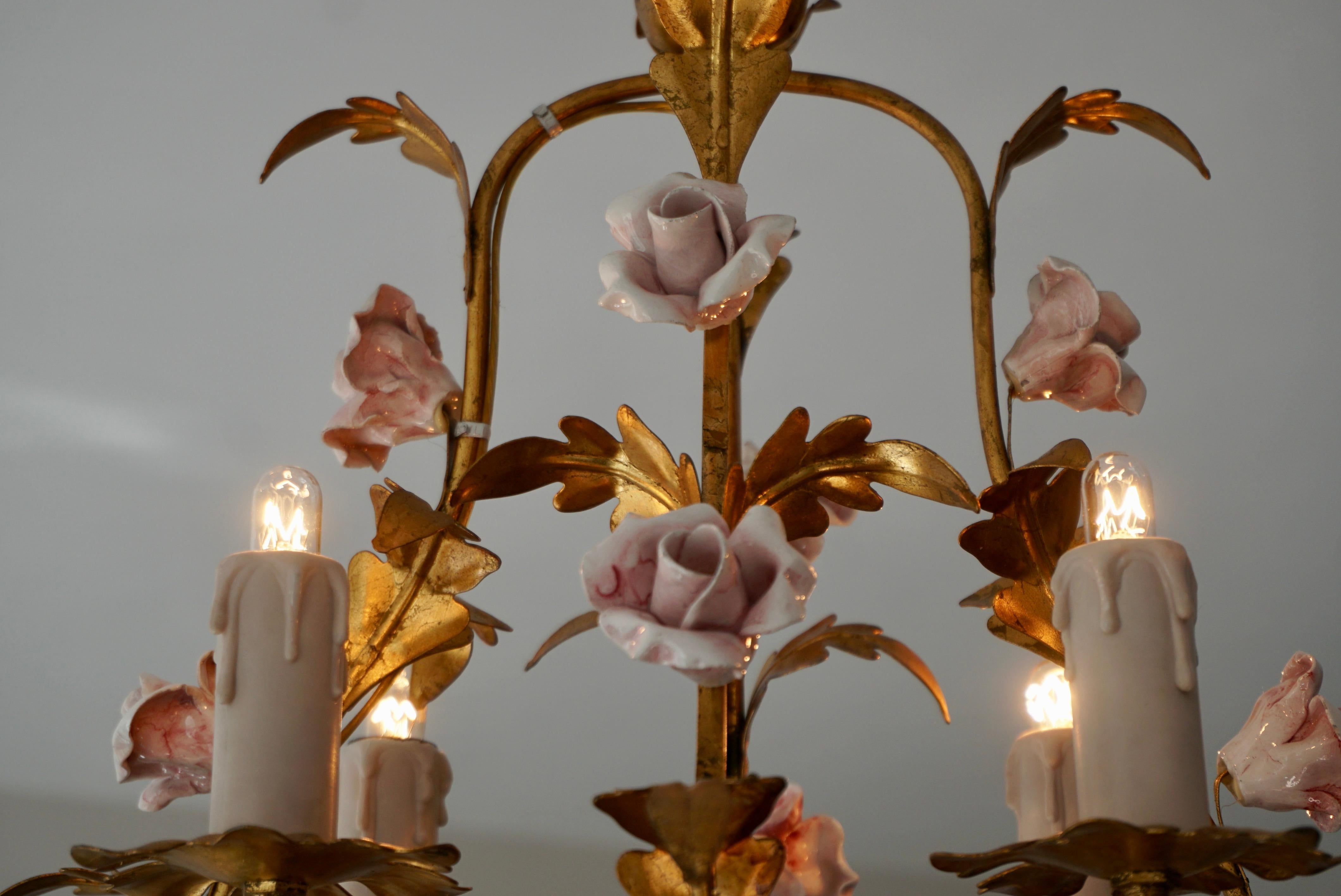 20th Century Five Italian Chandelier with Porcelain Flower Roses For Sale