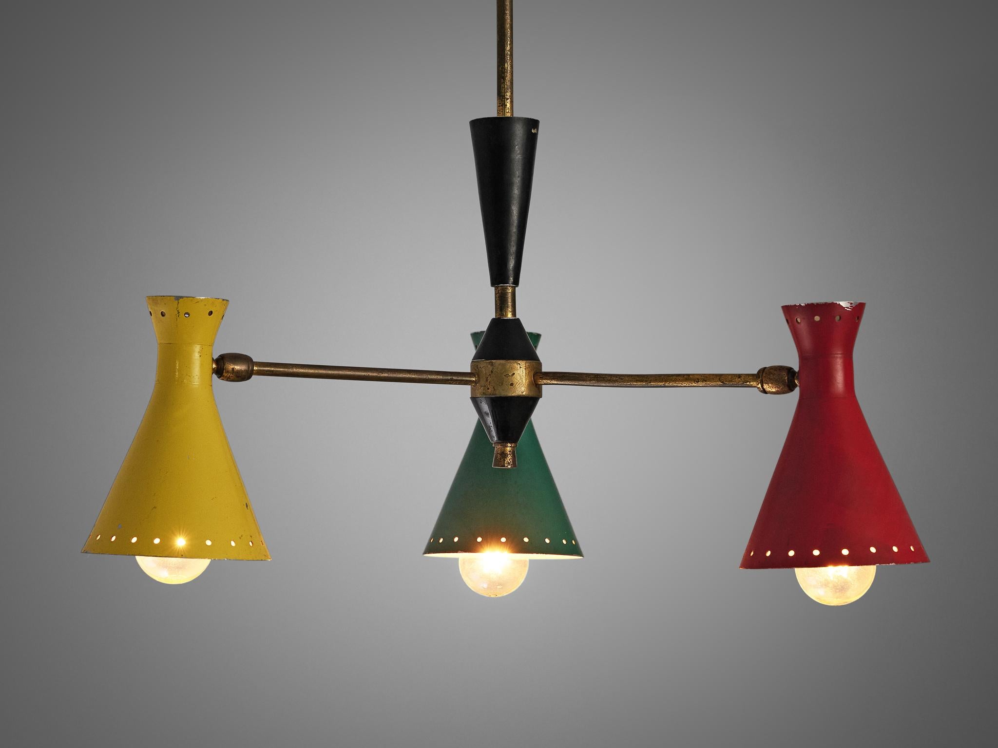 Mid-Century Modern Italian Chandelier with Six Colorful Patinated Shades For Sale