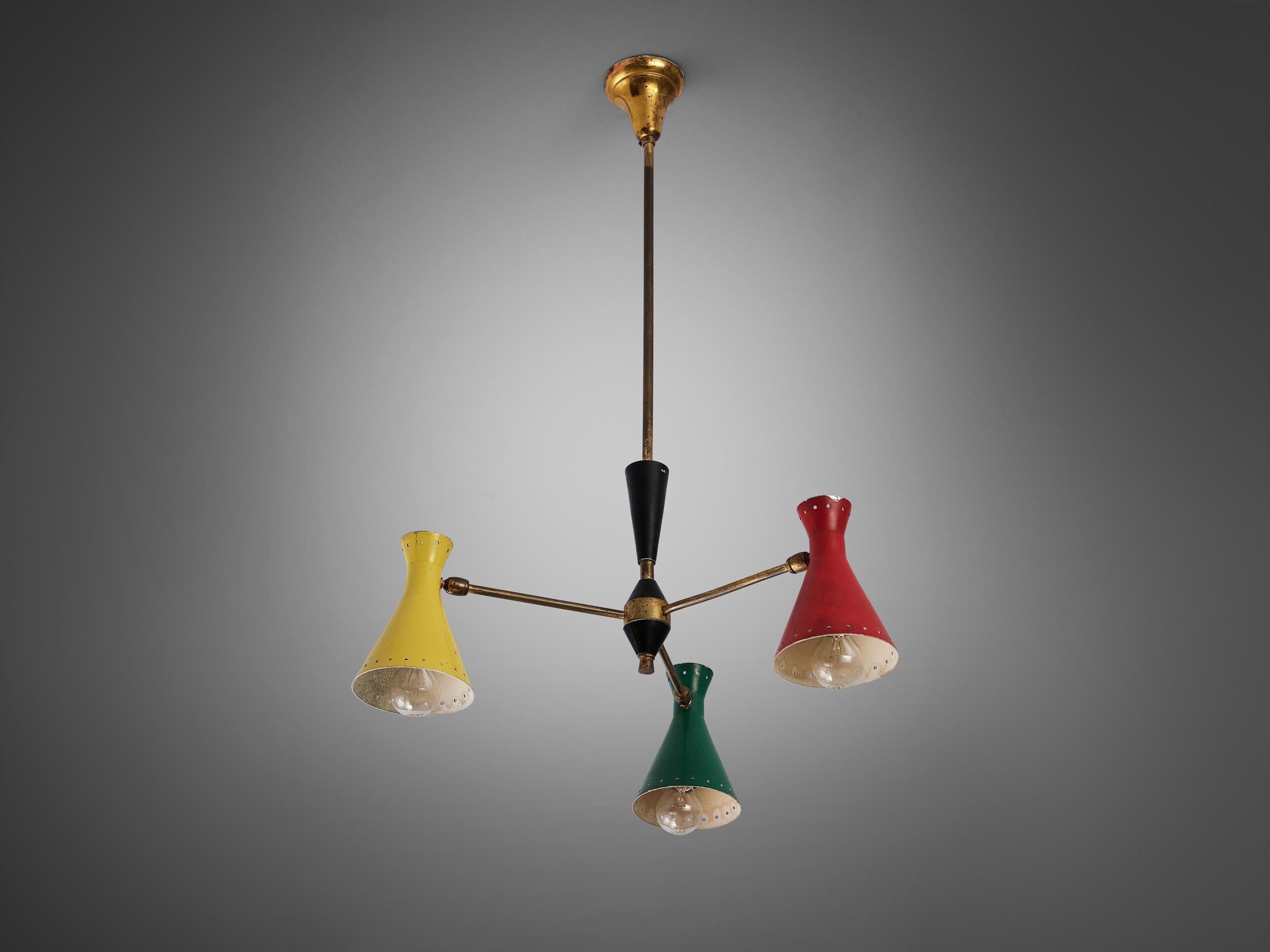 Italian Chandelier with Six Colorful Patinated Shades For Sale 1