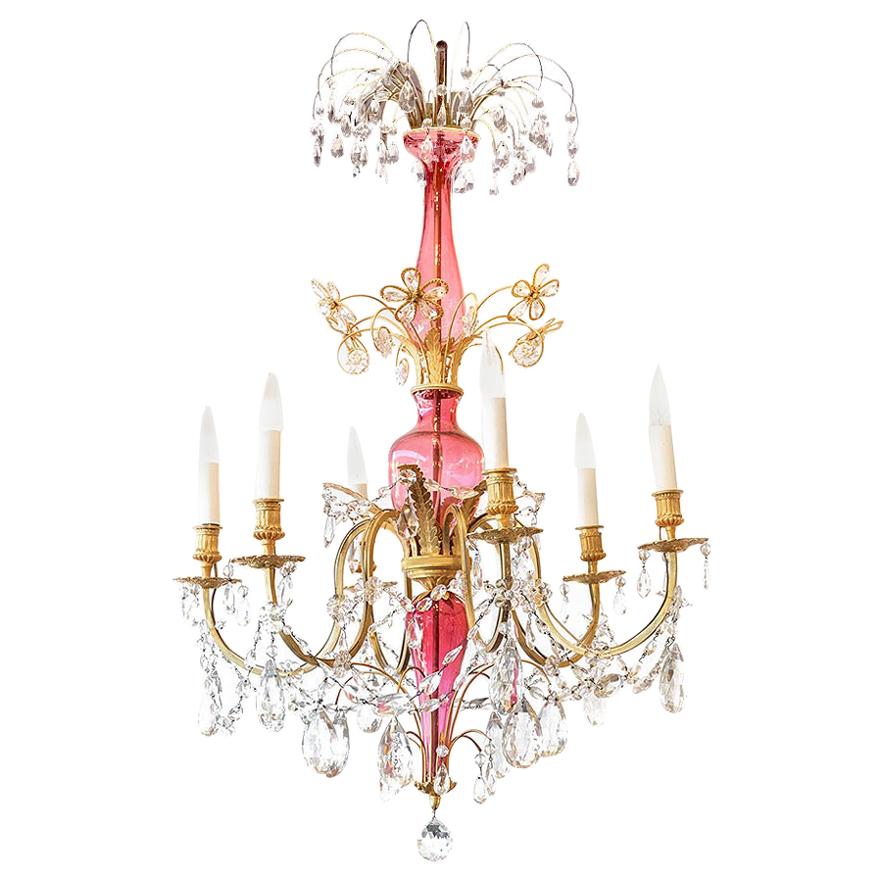 Italian chandelier in pink and transparent glass and gilt bronze, circa 1880