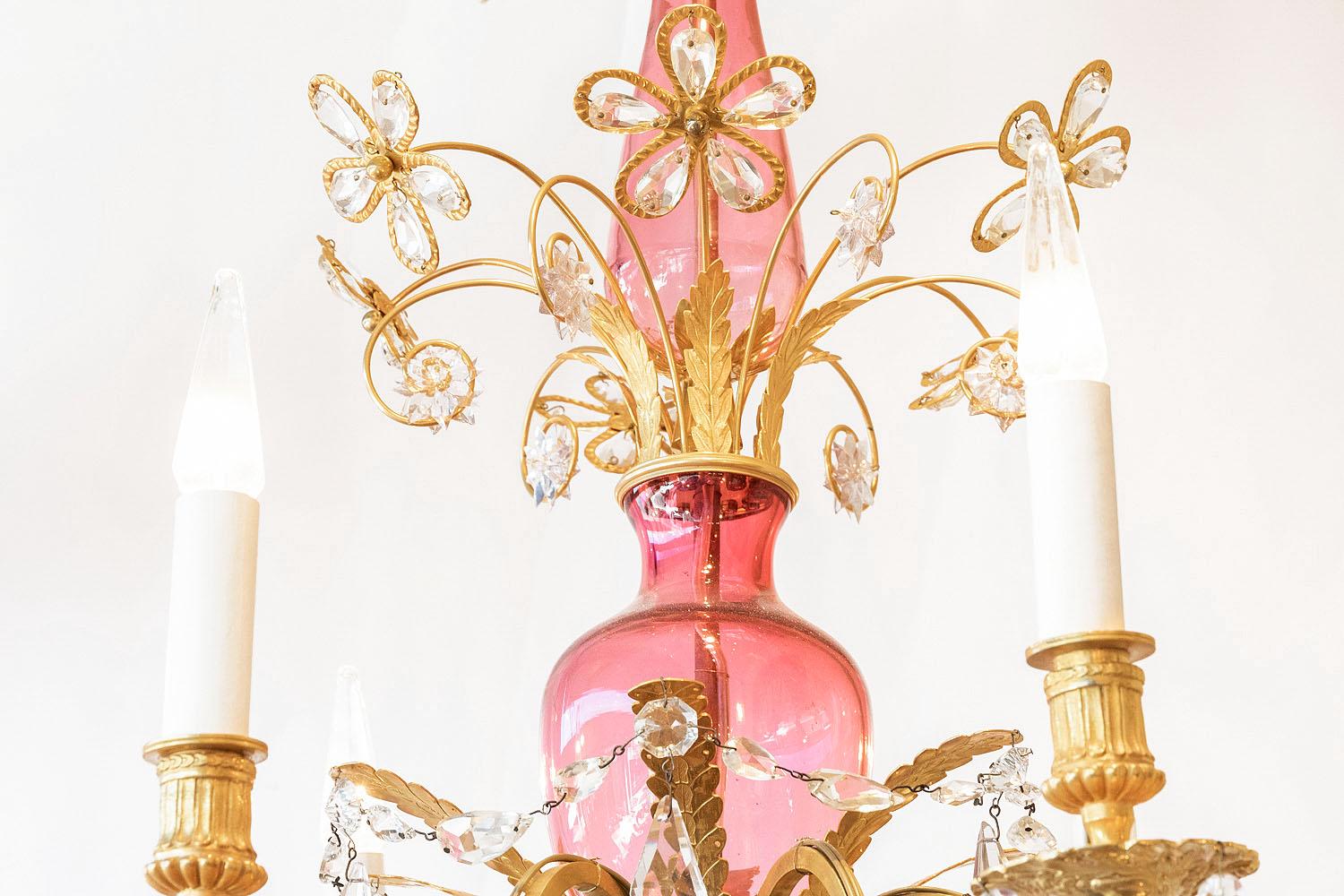 Italian chandelier in pink and transparent glass and gilt bronze, circa 1880 In Good Condition In Saint-Ouen, FR