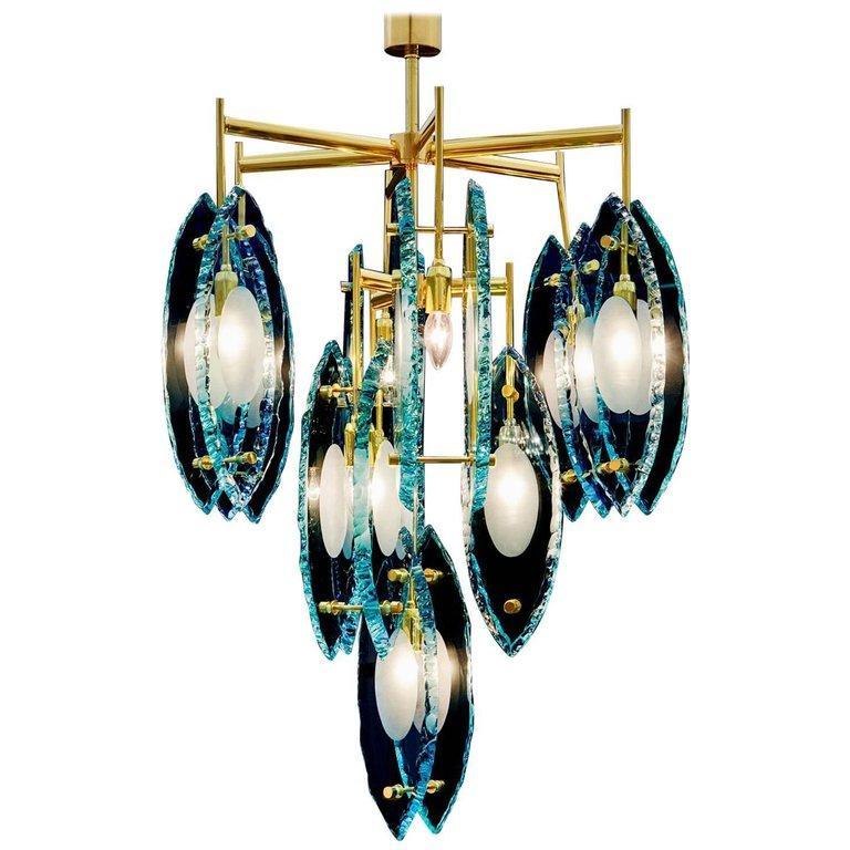 Contemporary Italian Chandelier with Thick Etched Glass Exclusive Design by Gianluca Fontana