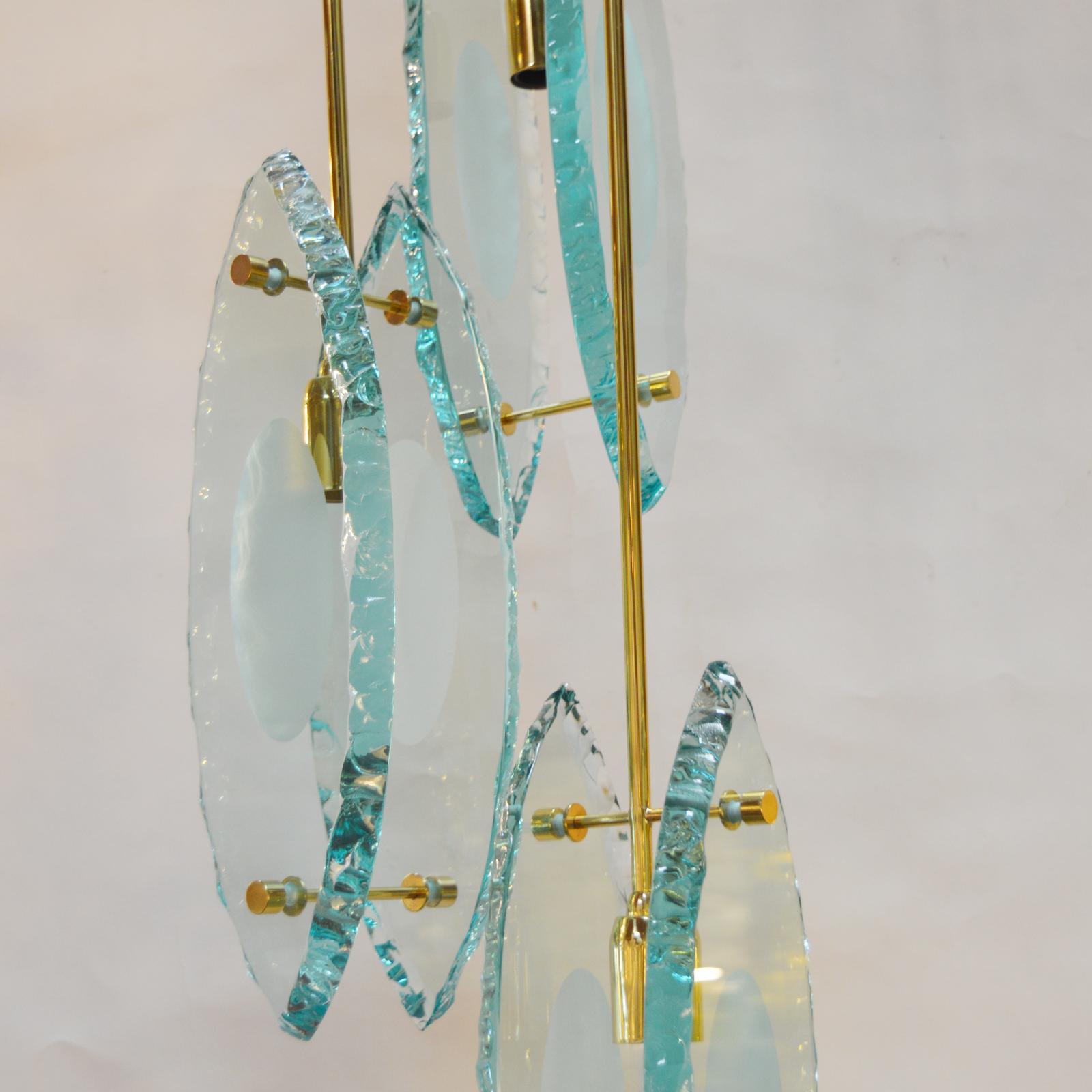 Italian Chandelier Thick Etched Glass Brass / Exclusive Design, Gianluca Fontana For Sale 1