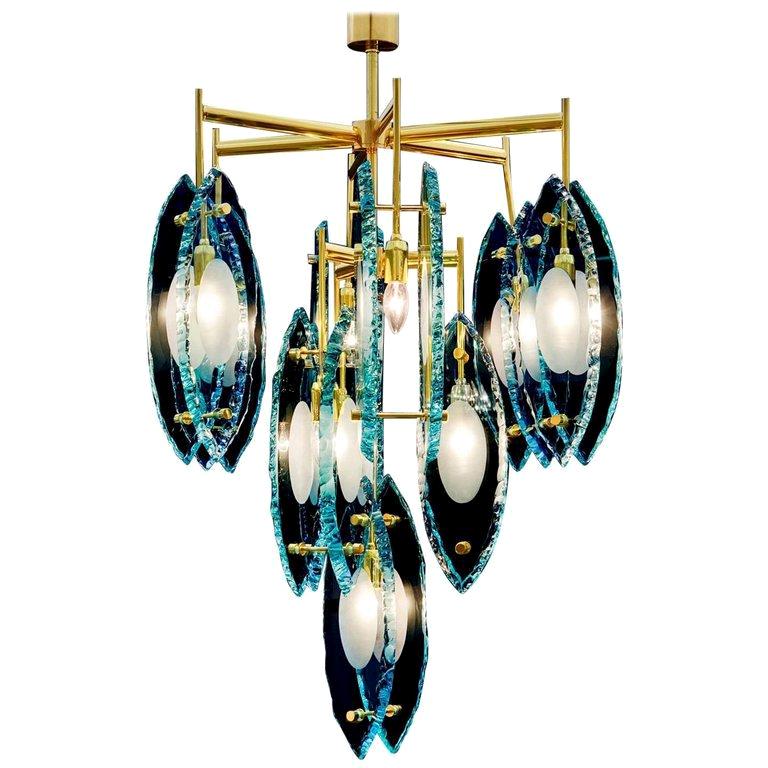 Italian Chandelier with Thick Etched Glass Exclusive Design by Gianluca Fontana