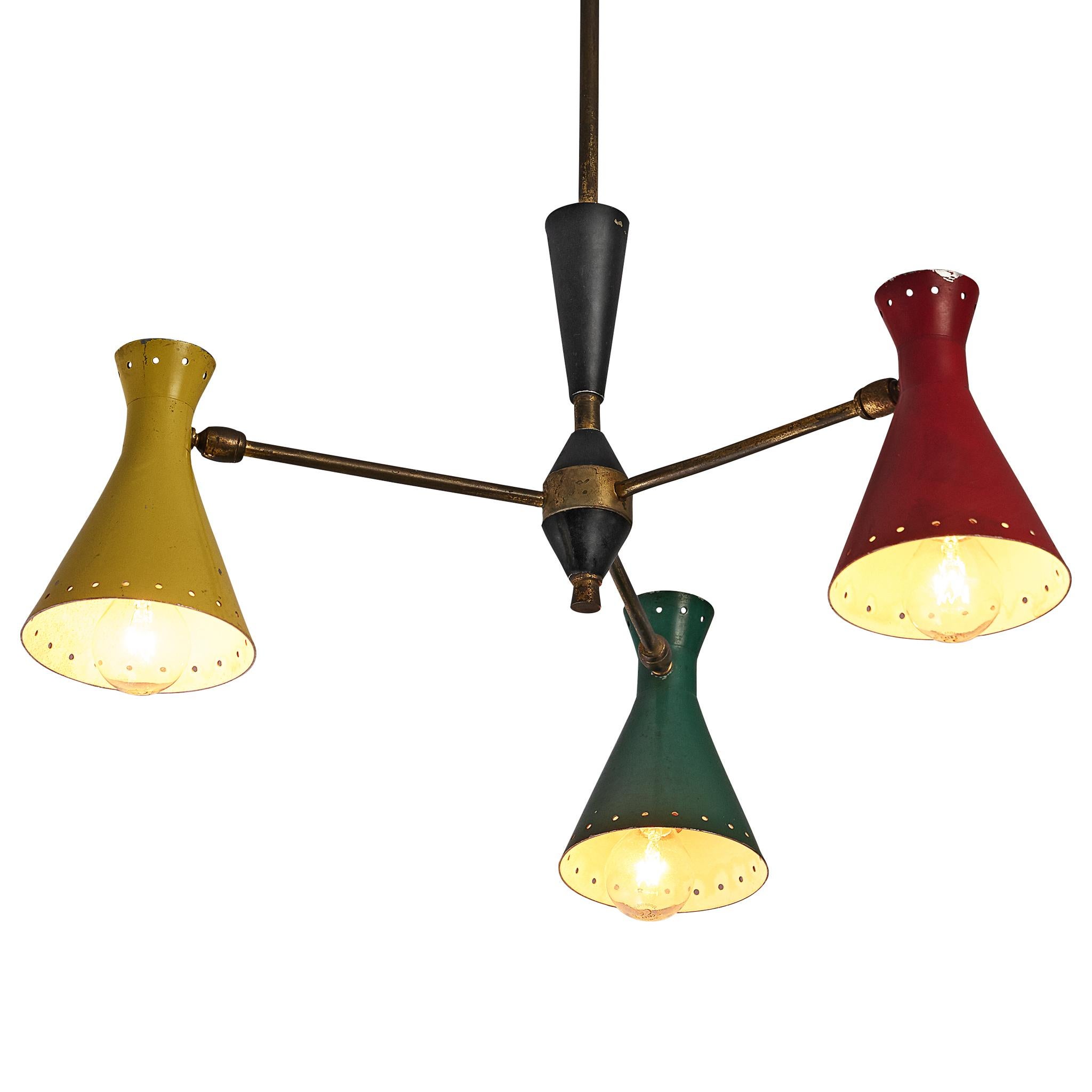 Italian Chandelier with Three Colorful Patinated Shades