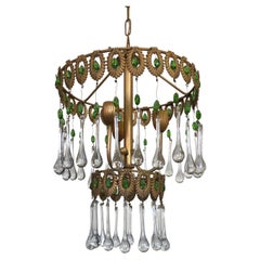 Italian Chandelier with Three Lights in Gold Color and Green Glass Drop