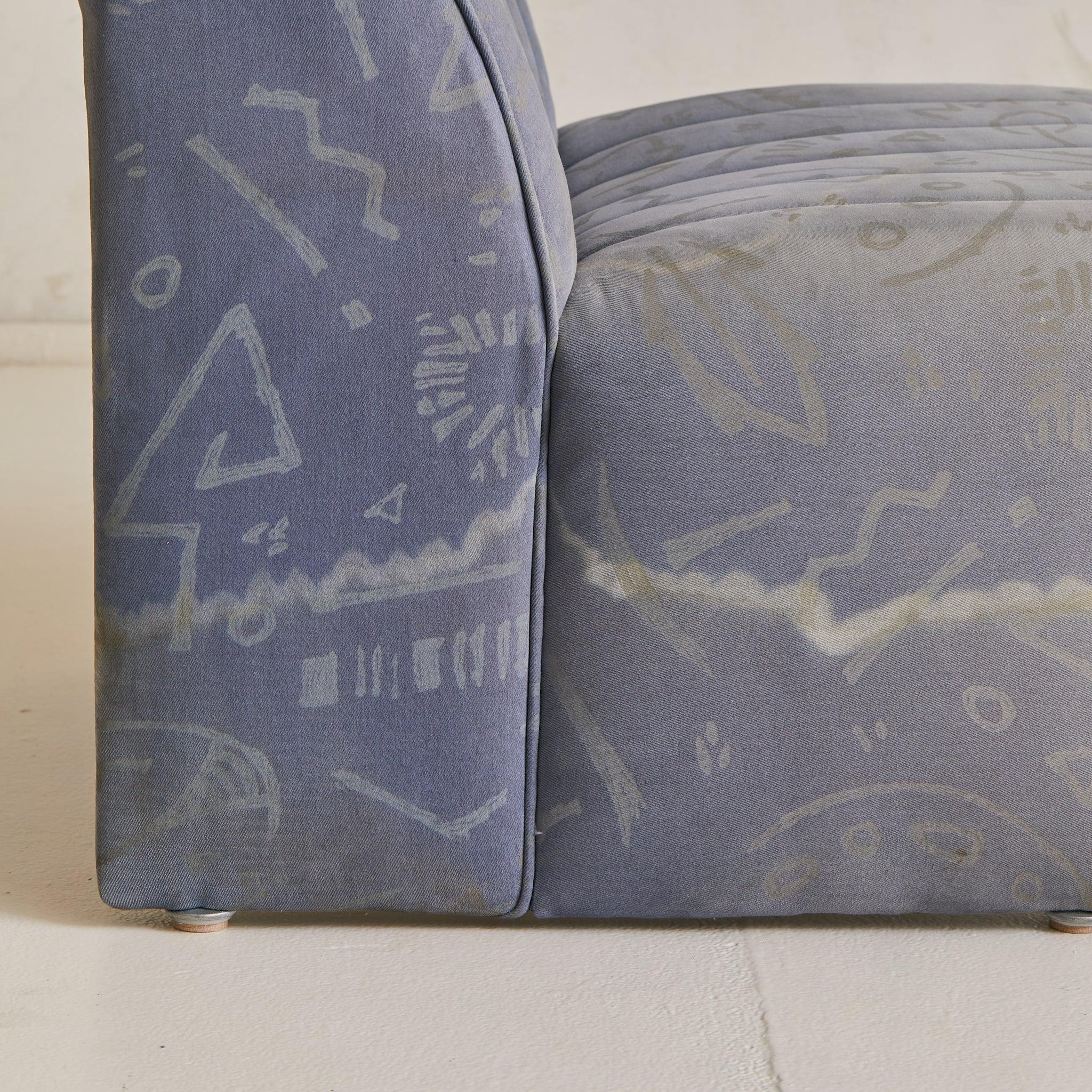 Italian Channel-Back Lounge Chair in Original Denim, 1970s - 2 Available im Angebot 3