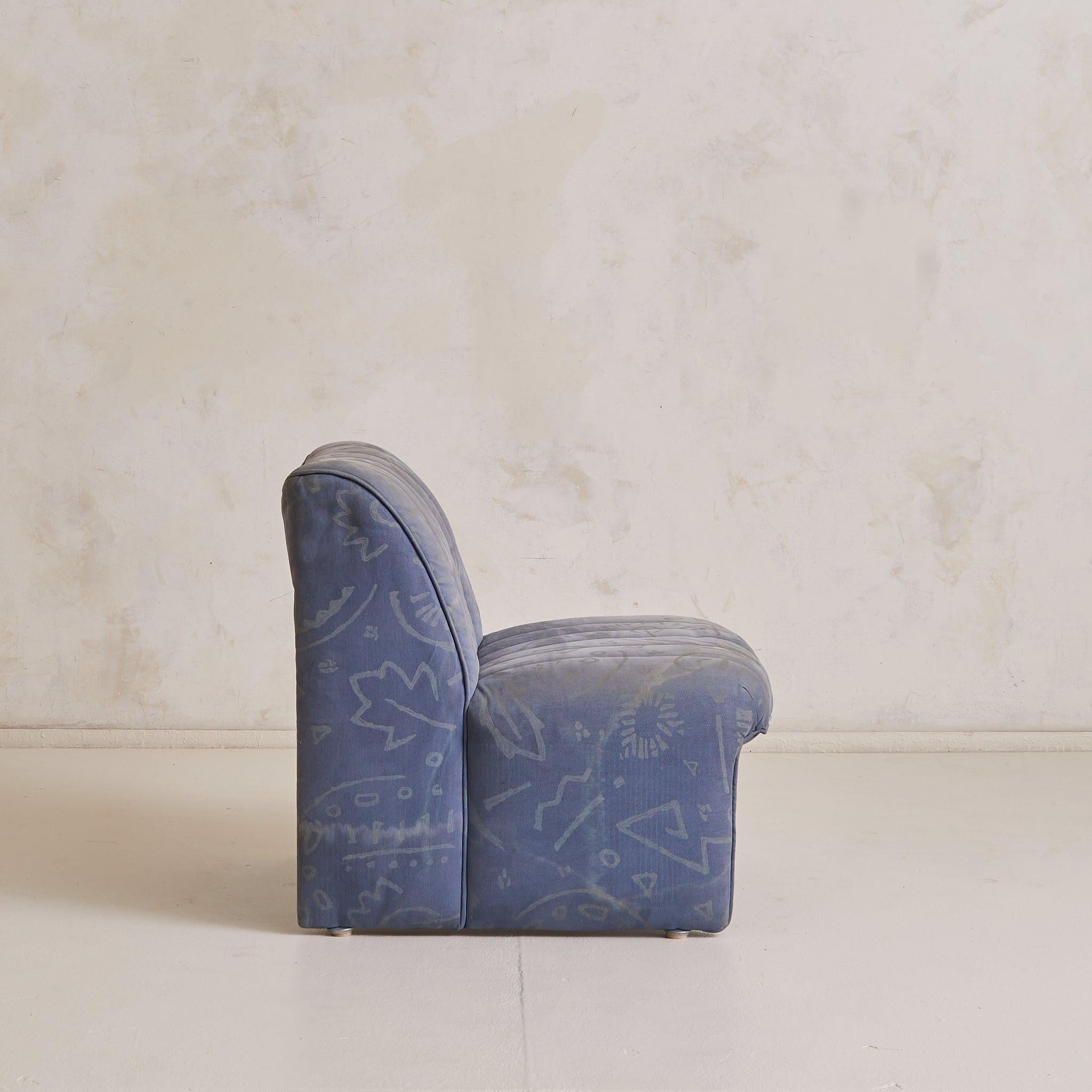 Italian Channel-Back Lounge Chair in Original Denim, 1970s - 2 Available (Italienisch) im Angebot