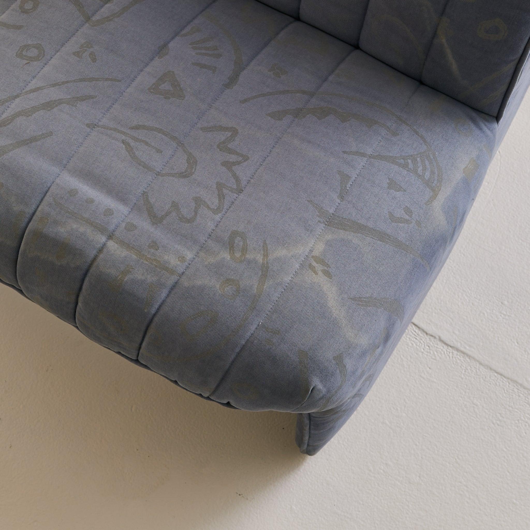 Italian Channel-Back Lounge Chair in Original Denim, 1970s - 2 Available (Polster) im Angebot