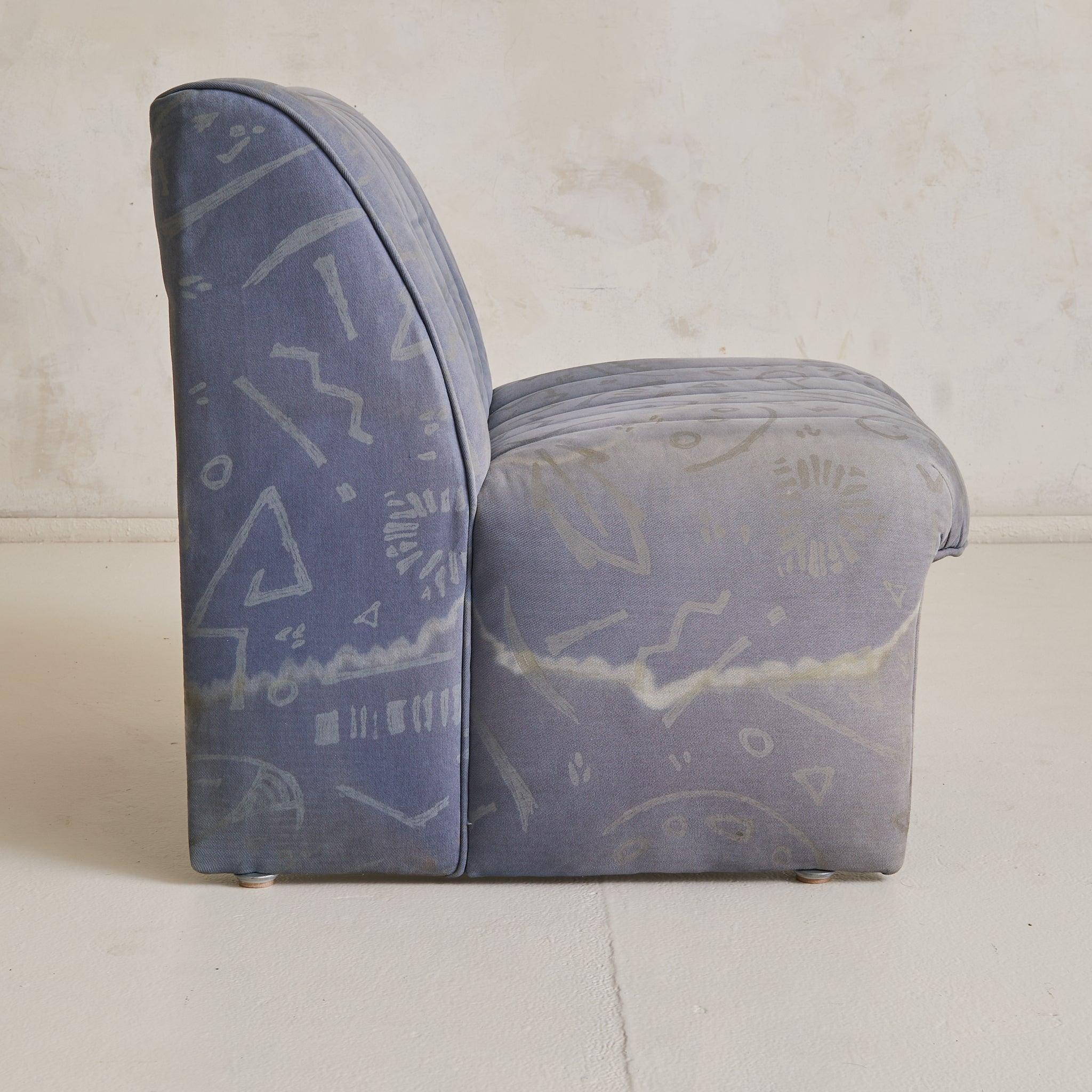 Italian Channel-Back Lounge Chair in Original Denim, 1970s - 2 Available im Angebot 1