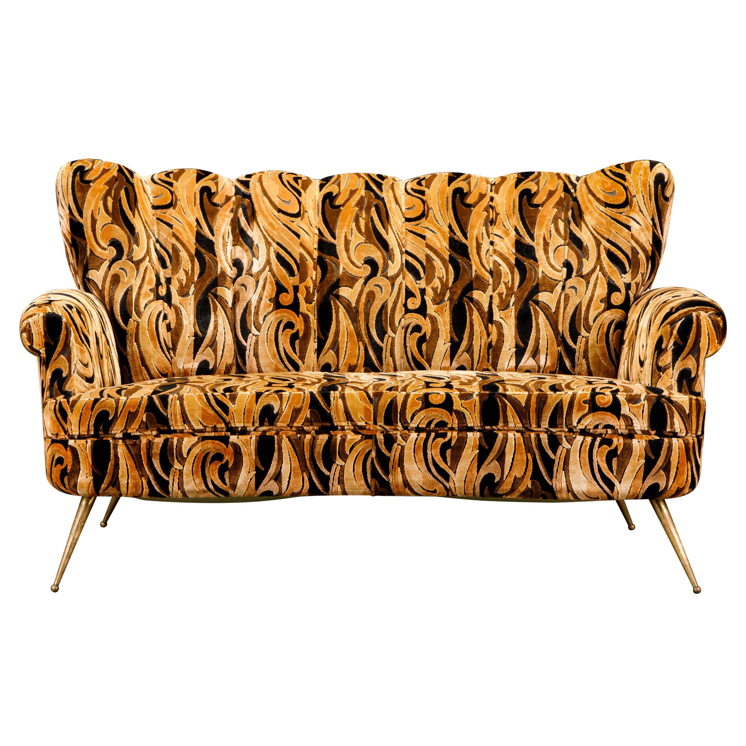 Italian Channel Tufted Curved Sofa in Cut Velvet with Brass Legs, 1950s
