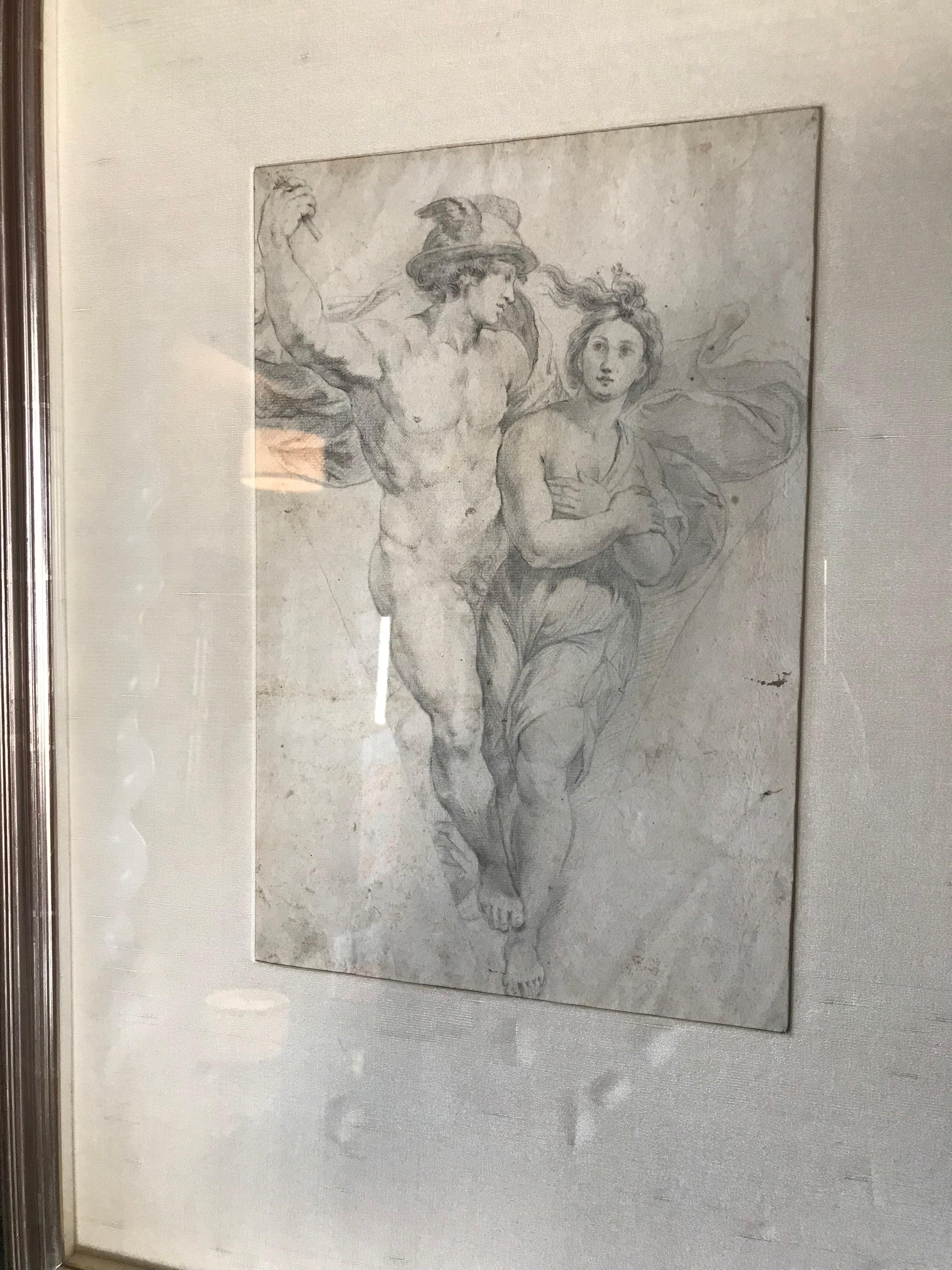 Refined 18th-century charcoal drawing of Apollo and Daphne on linen mat in continuous corner hand carved pewter-leaf frame. Slight water damage to linen mat at the bottom (shown in photos), but can be re-matted in same linen upon purchase, circa