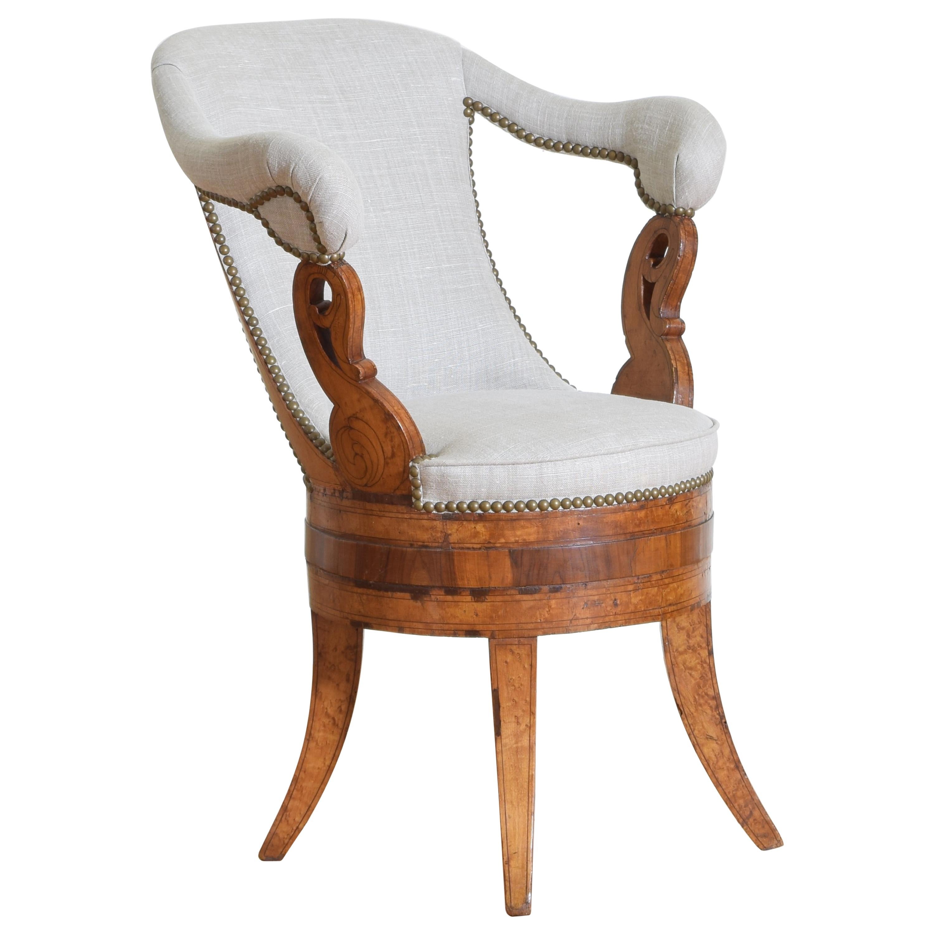 Italian Charles X Period Rosewood and Maple Veneered Armchair, circa 1830-1840