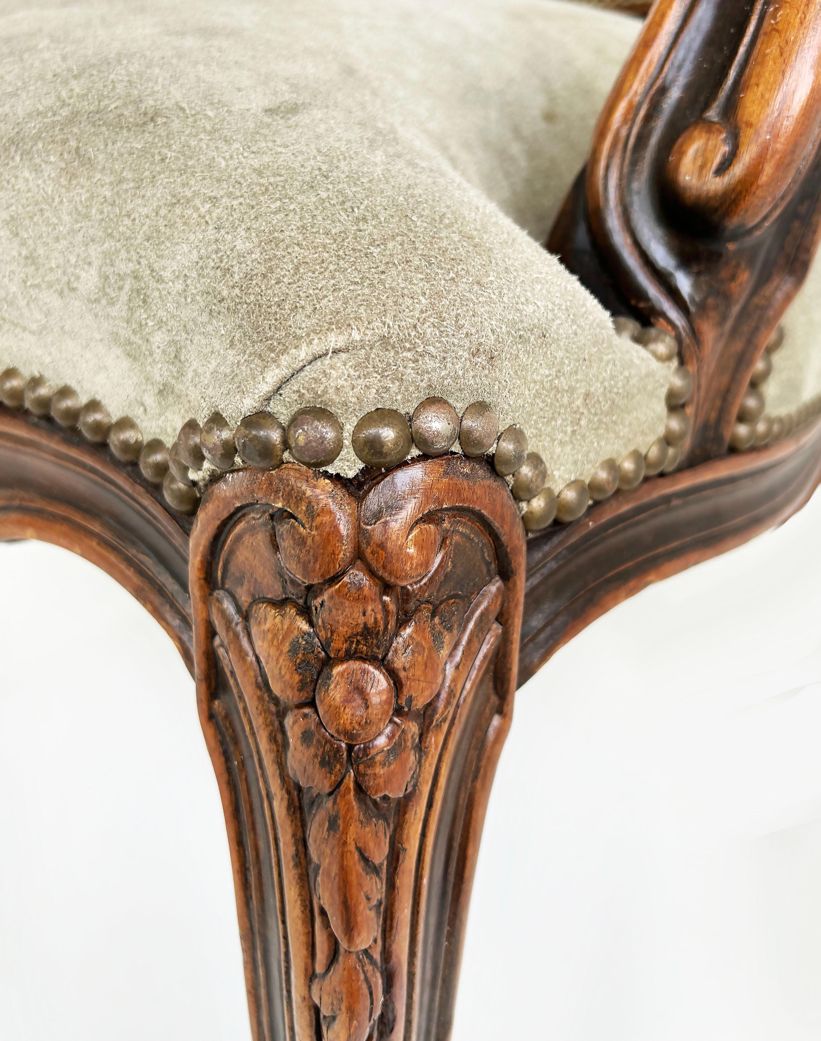 Italian Chateau d'Ax Carved Armchairs in Suede with Brass NailHeads, Pair For Sale 8