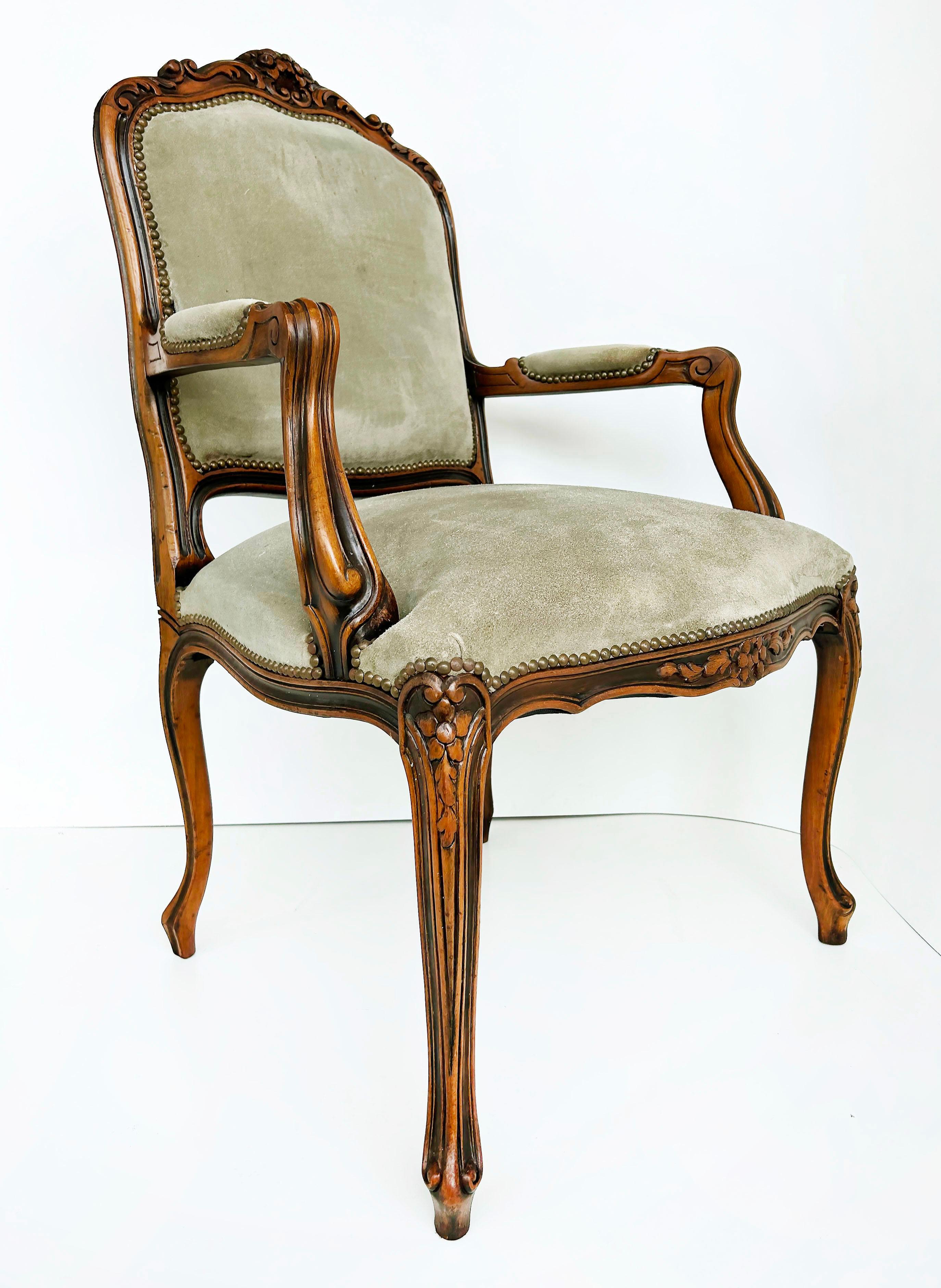 Italian Chateau d'Ax Carved Armchairs in Suede with Brass NailHeads, Pair In Good Condition For Sale In Miami, FL