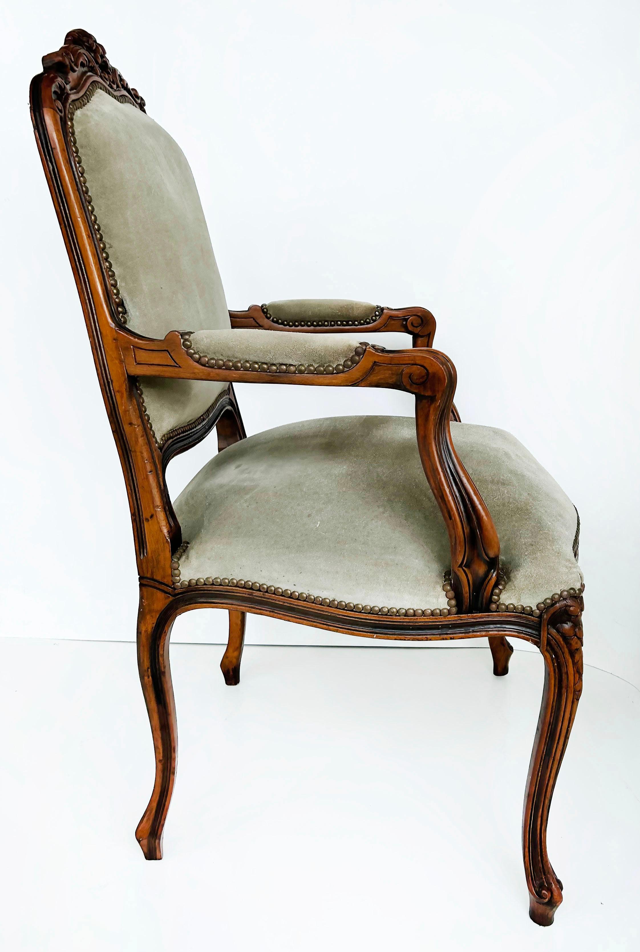 20th Century Italian Chateau d'Ax Carved Armchairs in Suede with Brass NailHeads, Pair For Sale
