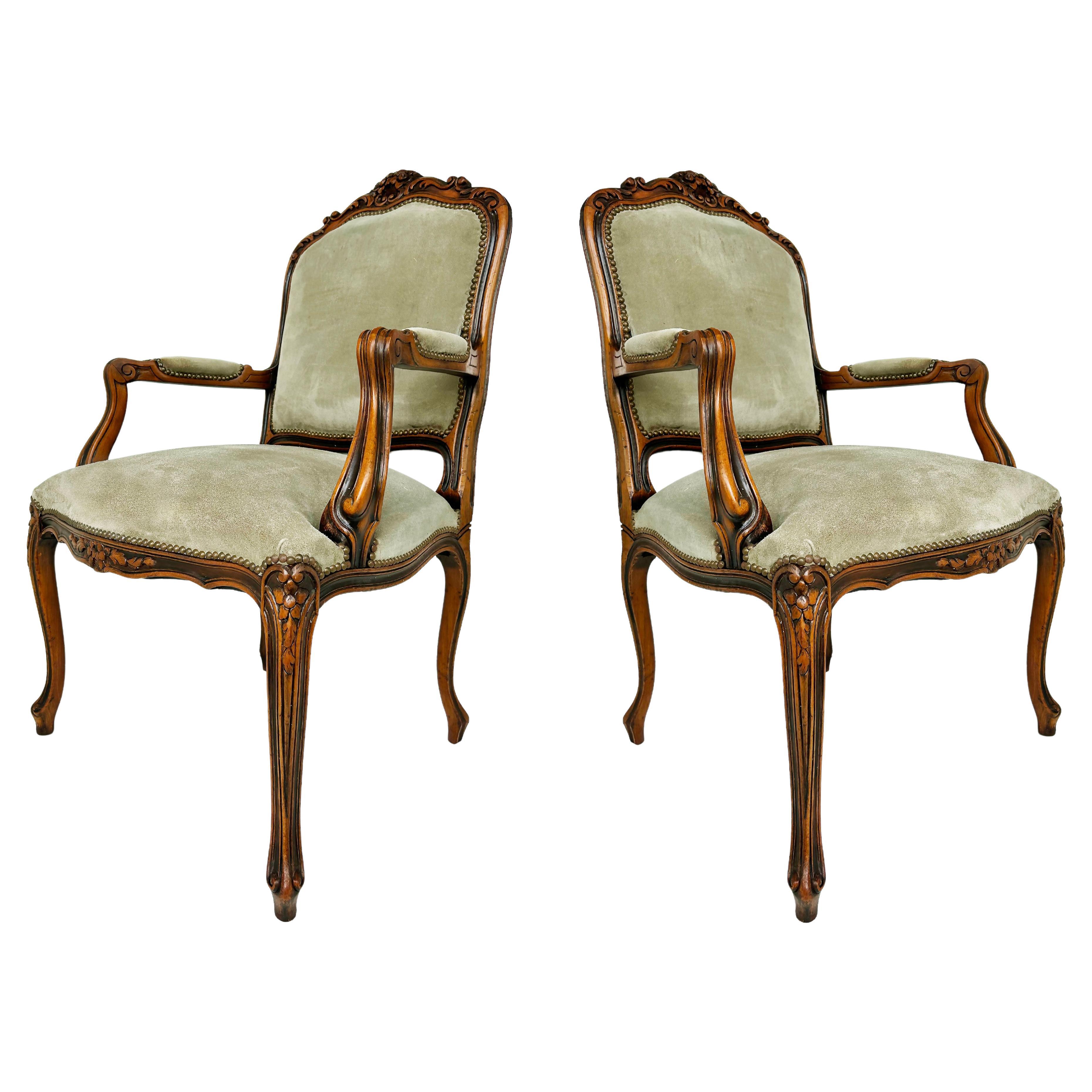 Italian Chateau d'Ax Carved Armchairs in Suede with Brass NailHeads, Pair For Sale