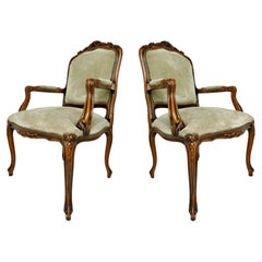 Italian Chateau d'Ax Carved Armchairs in Suede with Brass NailHeads, Pair