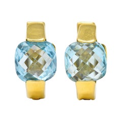 Italian Checkerboard Cut Blue Topaz 18 Karat Gold Huggie Earrings