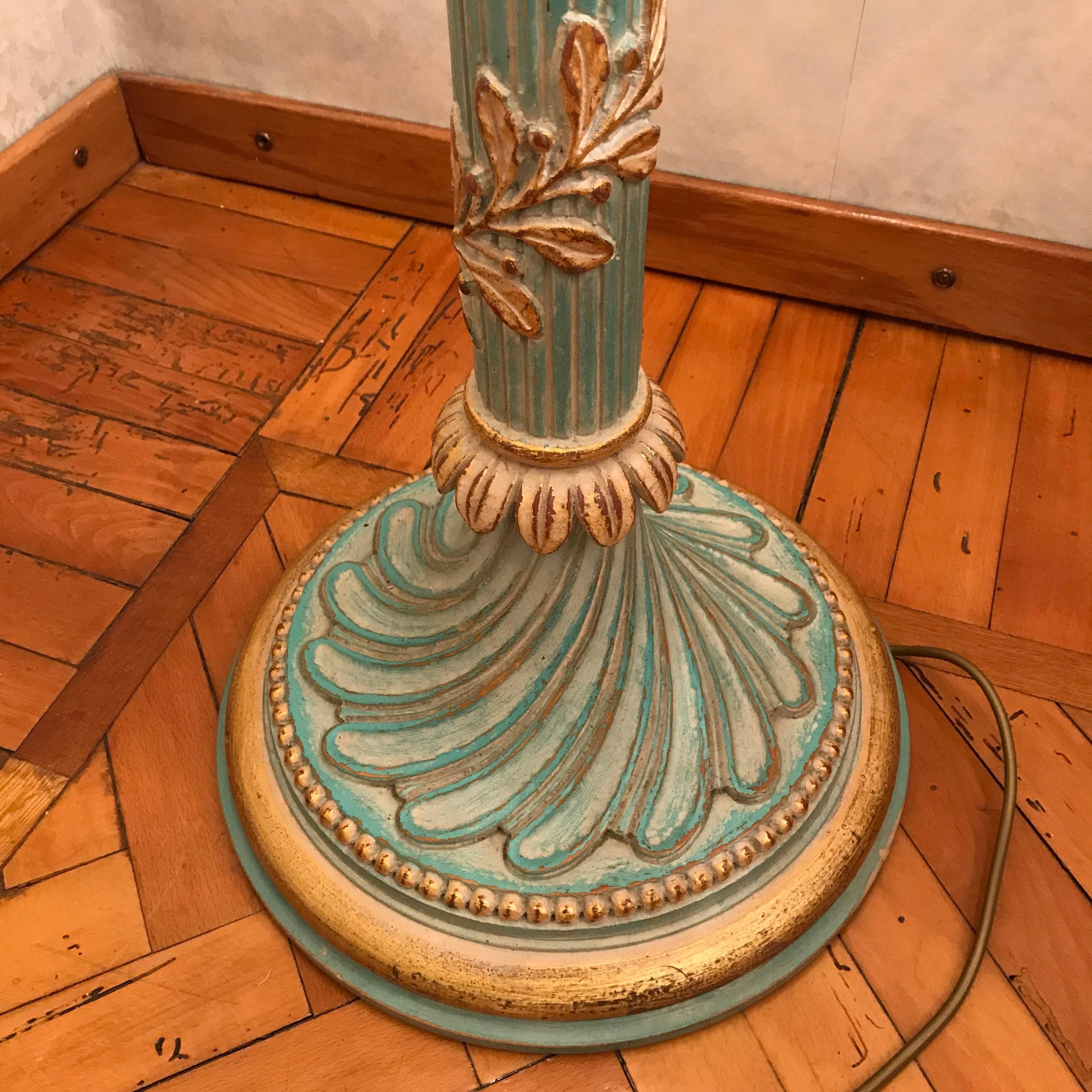 Italian Chelini Firenze Green Turquoise Floor-Lamp Base with Gilt Wood Elements In Good Condition In Milan, IT