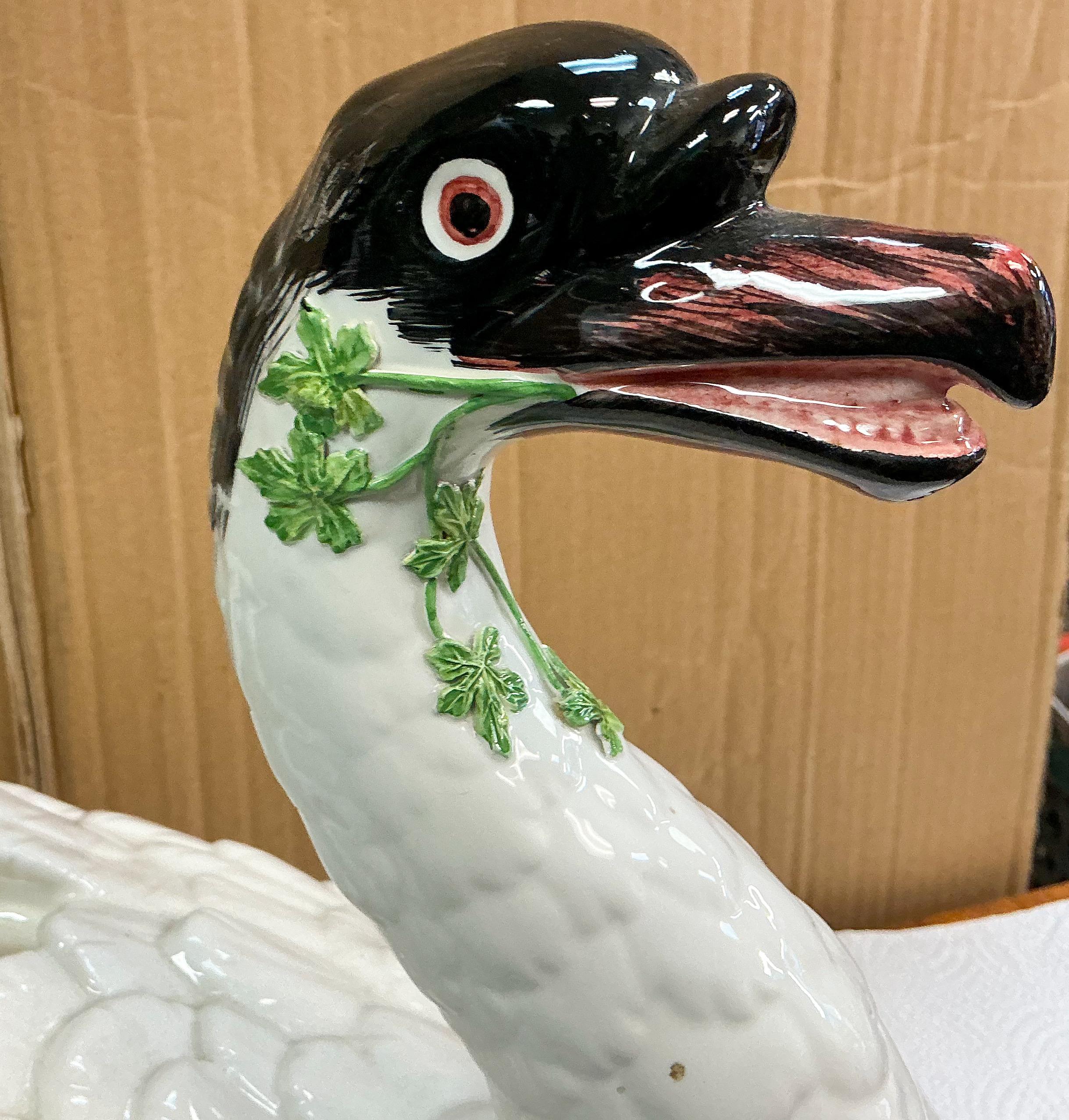 Baroque Italian Chelsea House Swan Form Pottery Porcelain Tureen Styled After Meissen