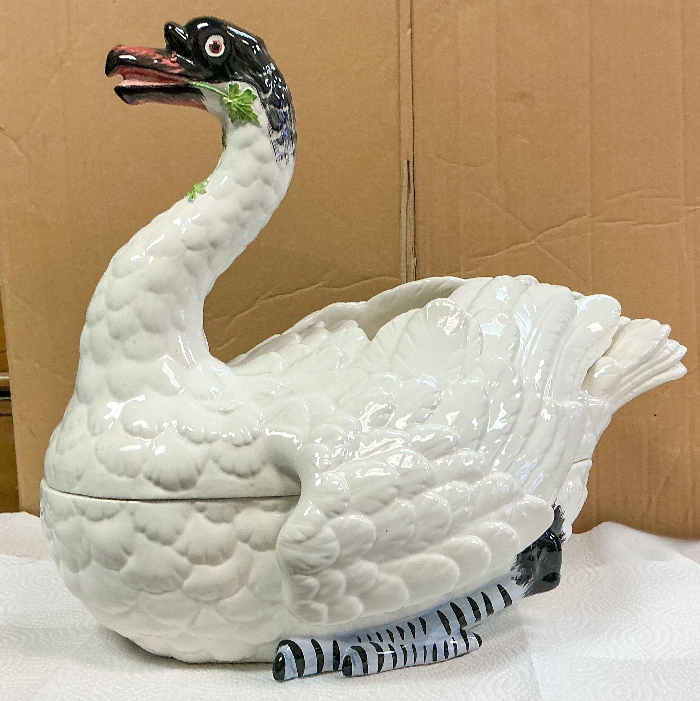 20th Century Italian Chelsea House Swan Form Pottery Porcelain Tureen Styled After Meissen