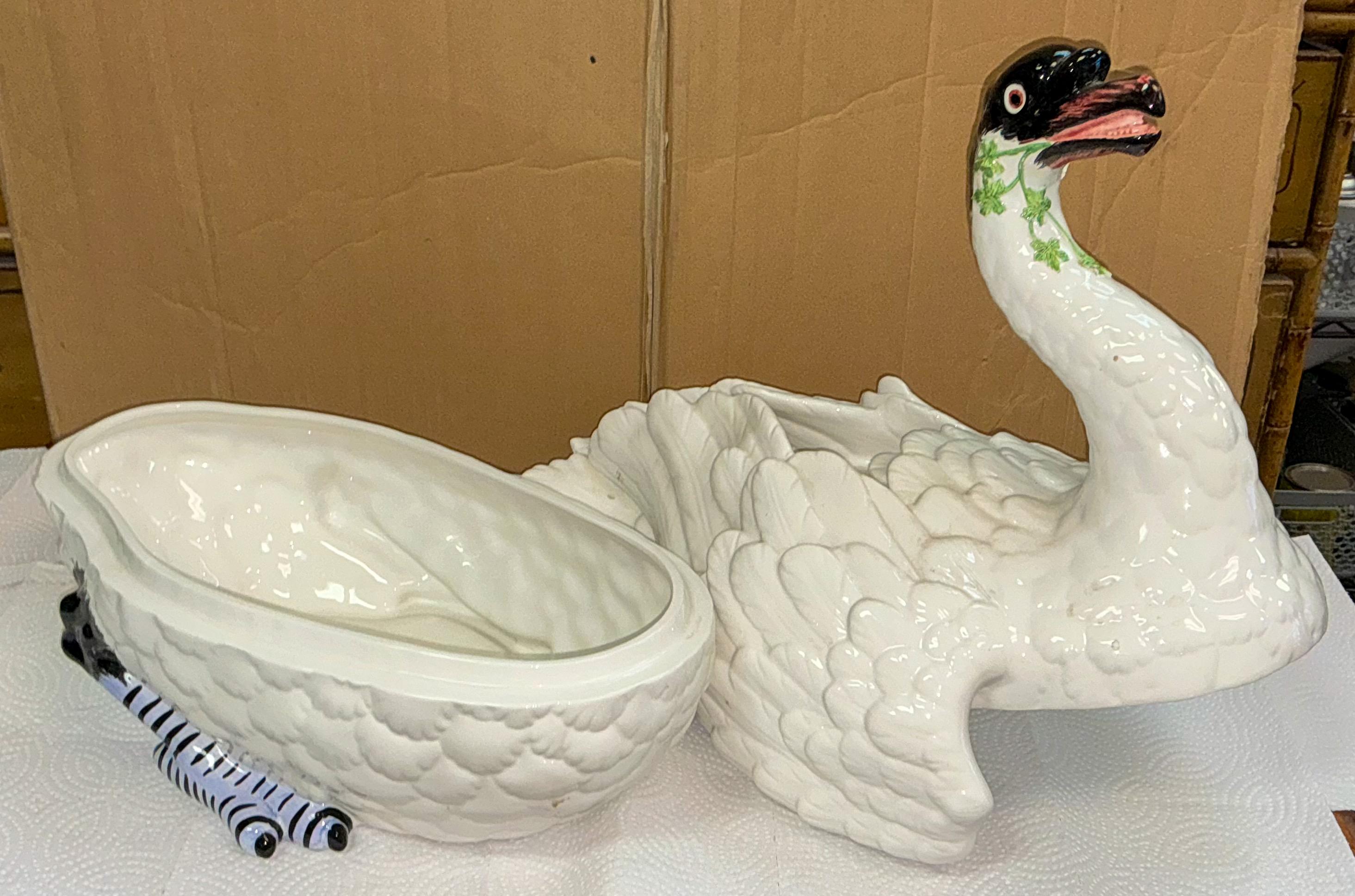 Italian Chelsea House Swan Form Pottery Porcelain Tureen Styled After Meissen 2