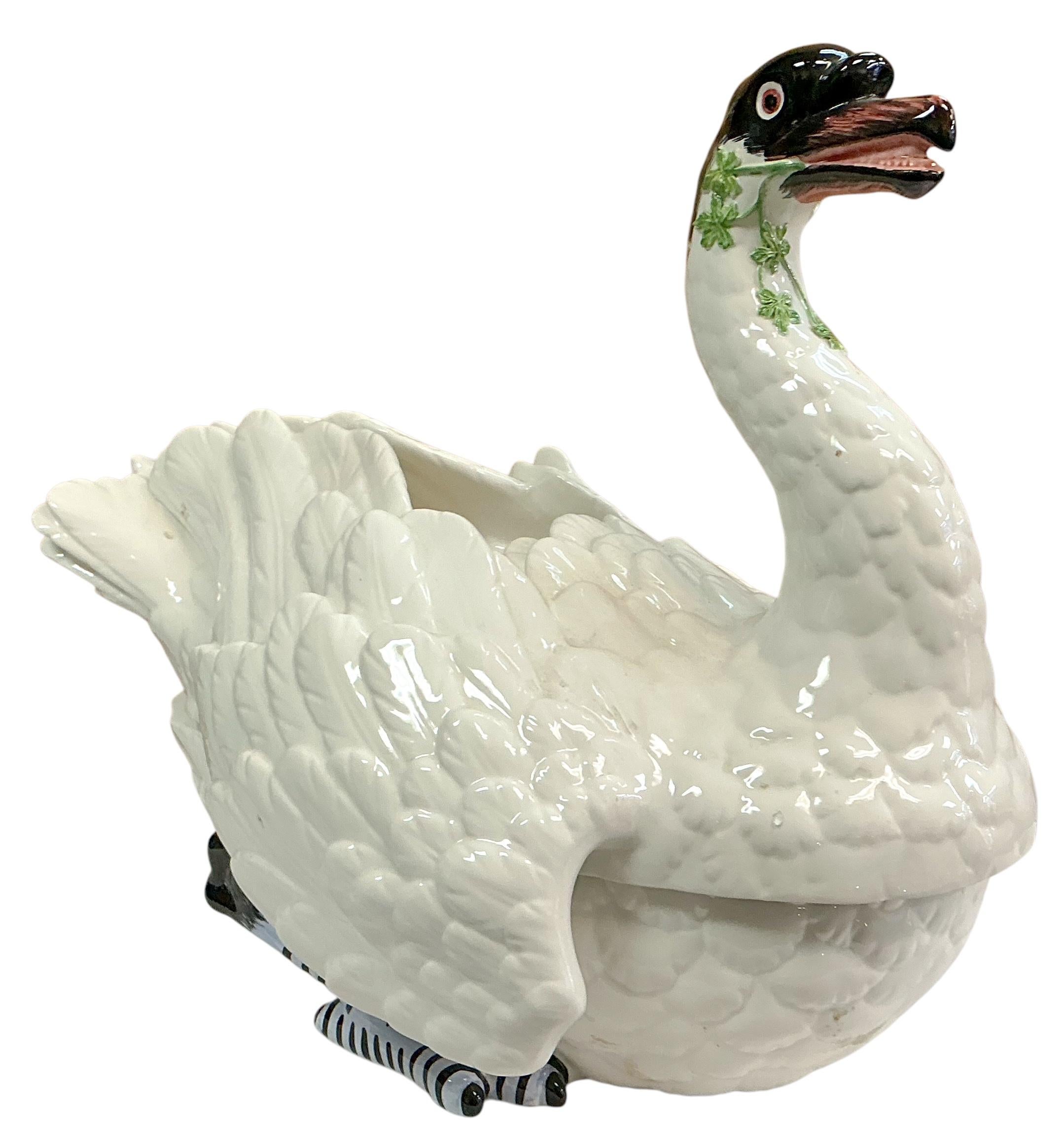 Italian Chelsea House Swan Form Pottery Porcelain Tureen Styled After Meissen 3
