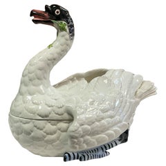 Italian Chelsea House Swan Form Pottery Porcelain Tureen Styled After Meissen