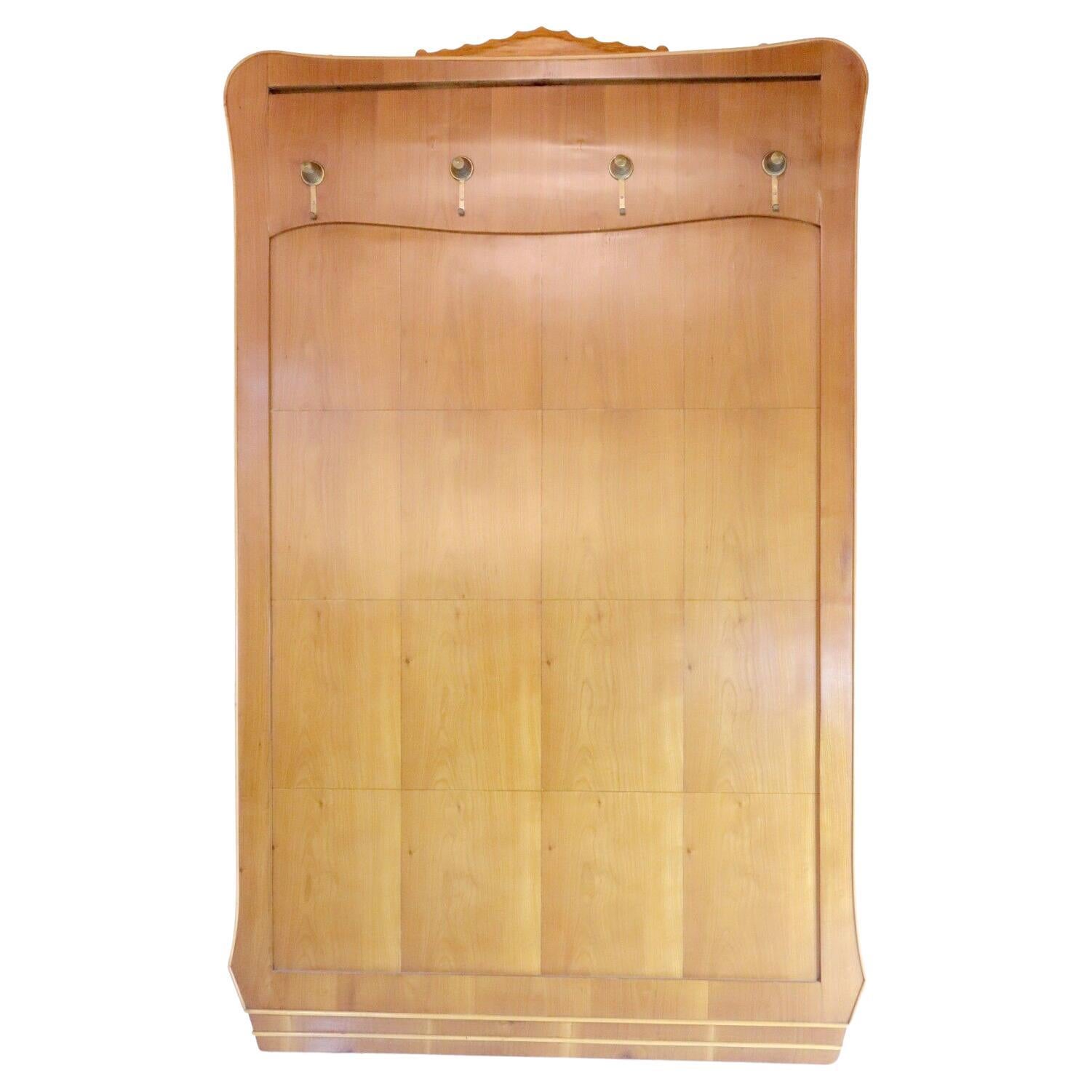Italian Cherry Wall Panel / Coat Rack with Brass Hooks, 1950's For Sale