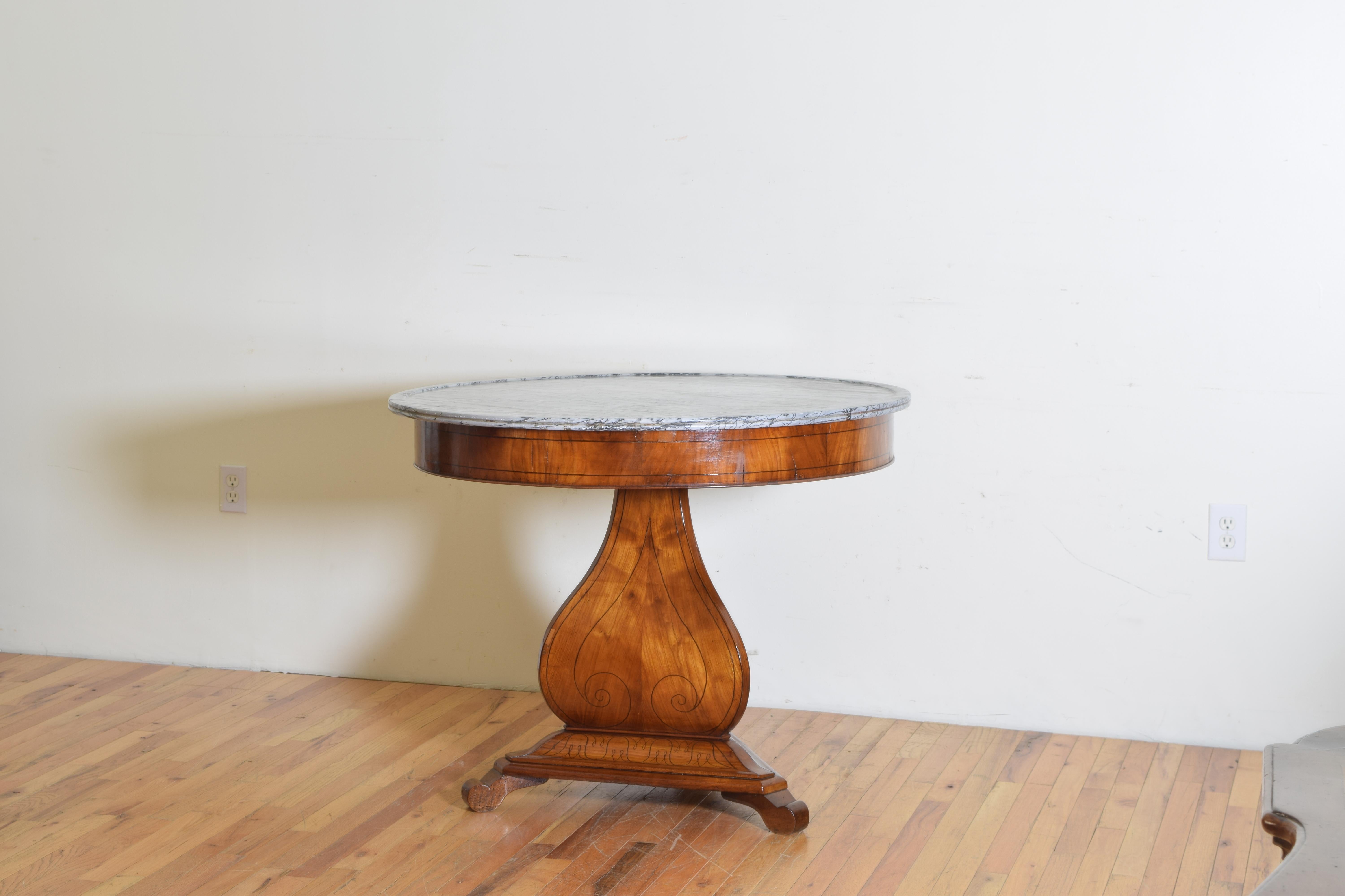 Italian Cherrywood Veneered and Inlaid Marble-Top Center Table, Mid-19th Century 1