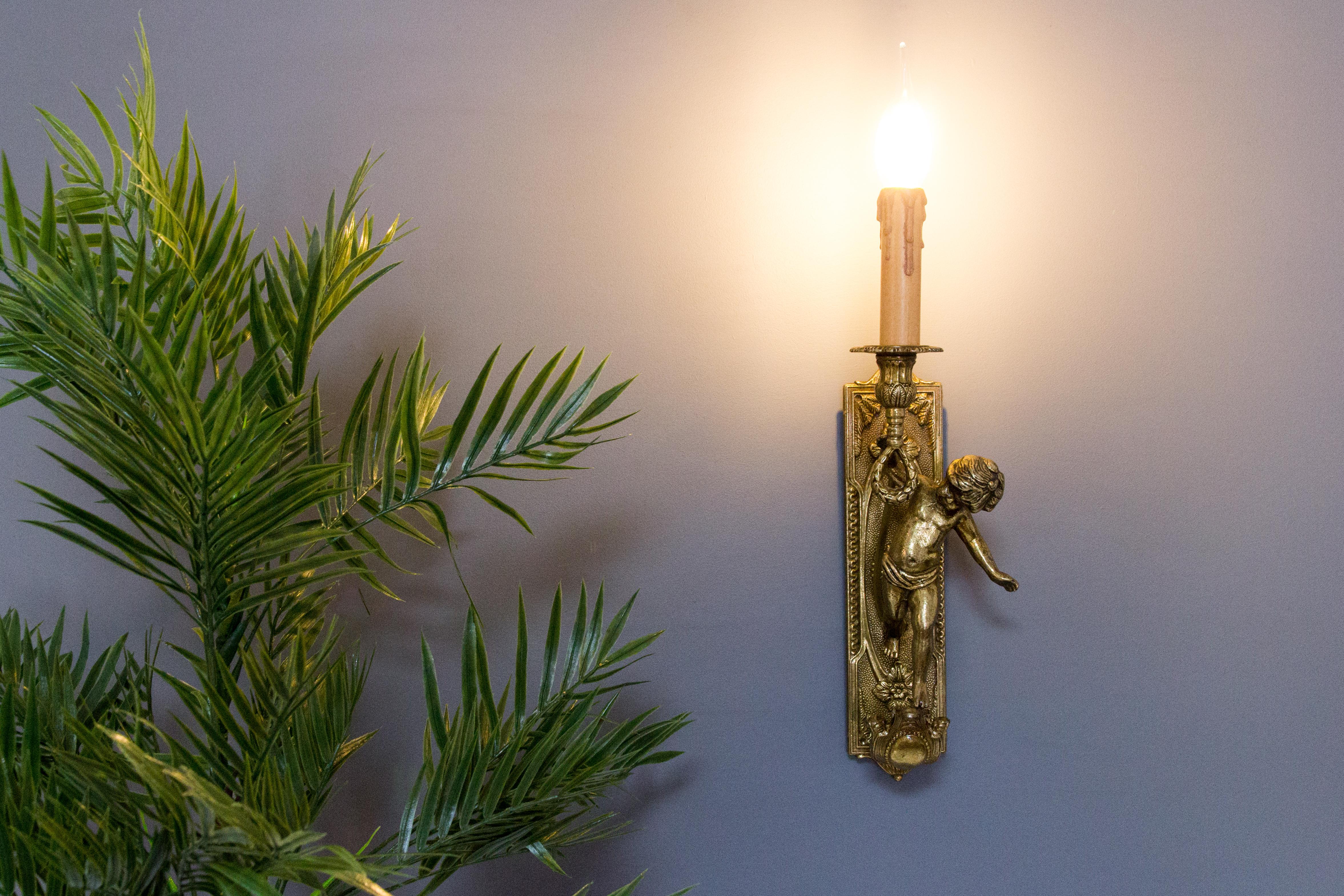 Italian Brass and Bronze Cherub Sconce Electrified Wall Light, 1950s For Sale 9