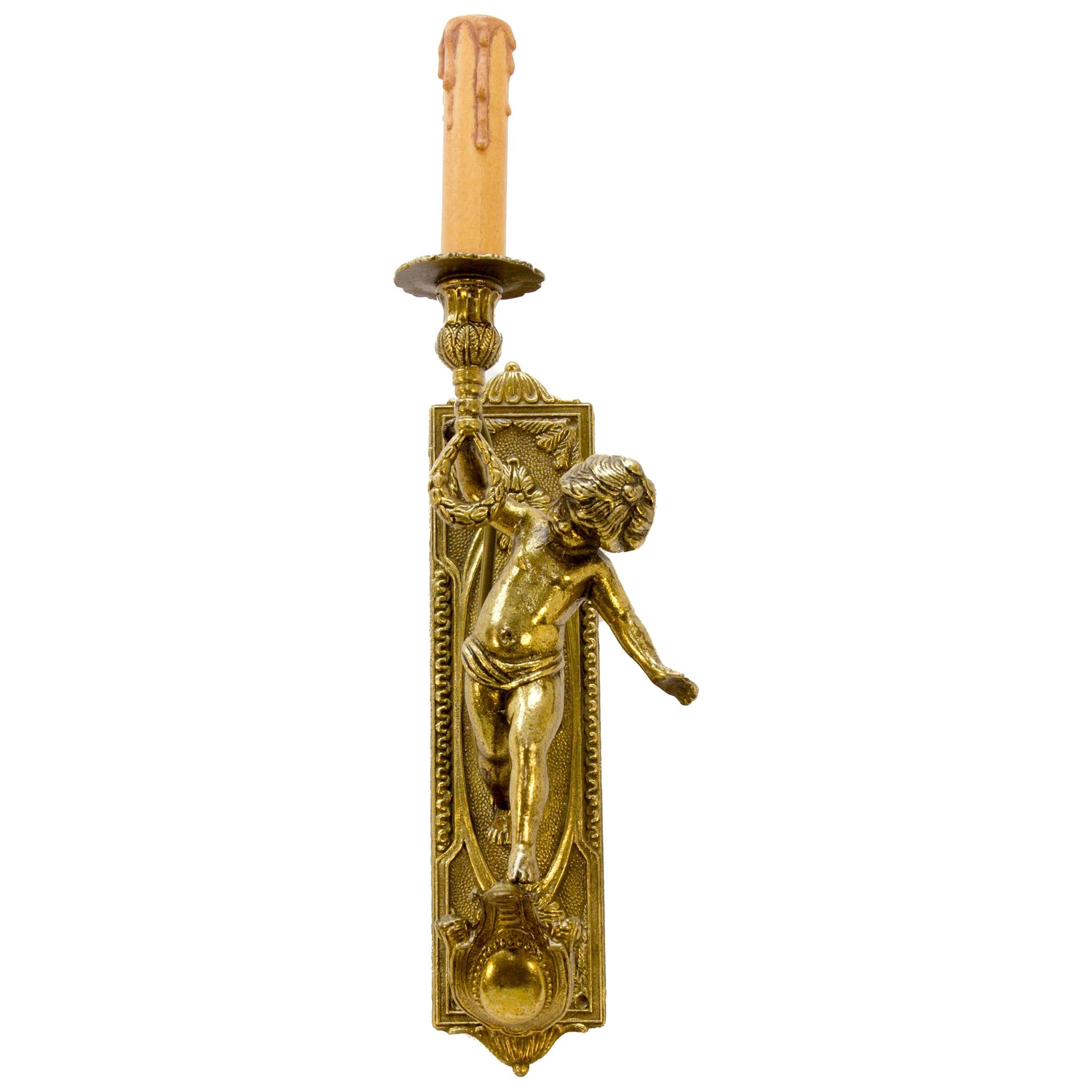 Italian Brass and Bronze Cherub Sconce Electrified Wall Light, 1950s For Sale