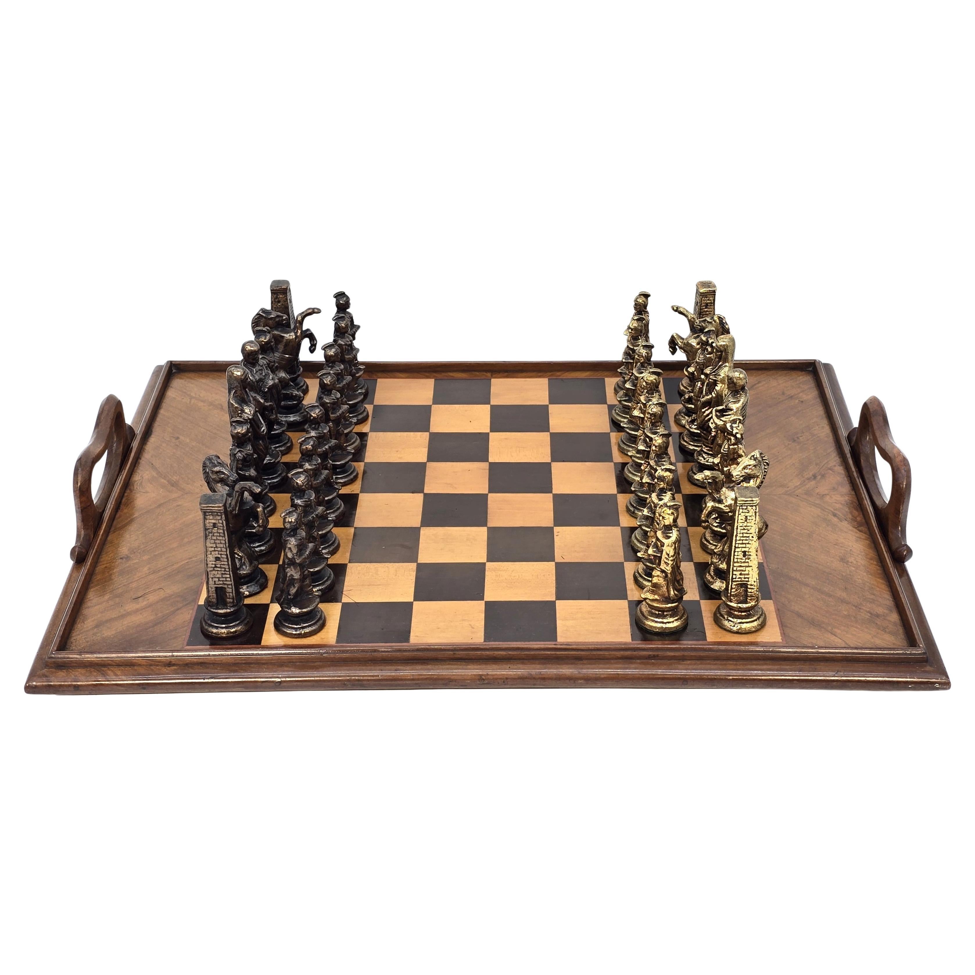 Italian Chess board - reversable tray with bronze chess pieces, Sorrento Ware