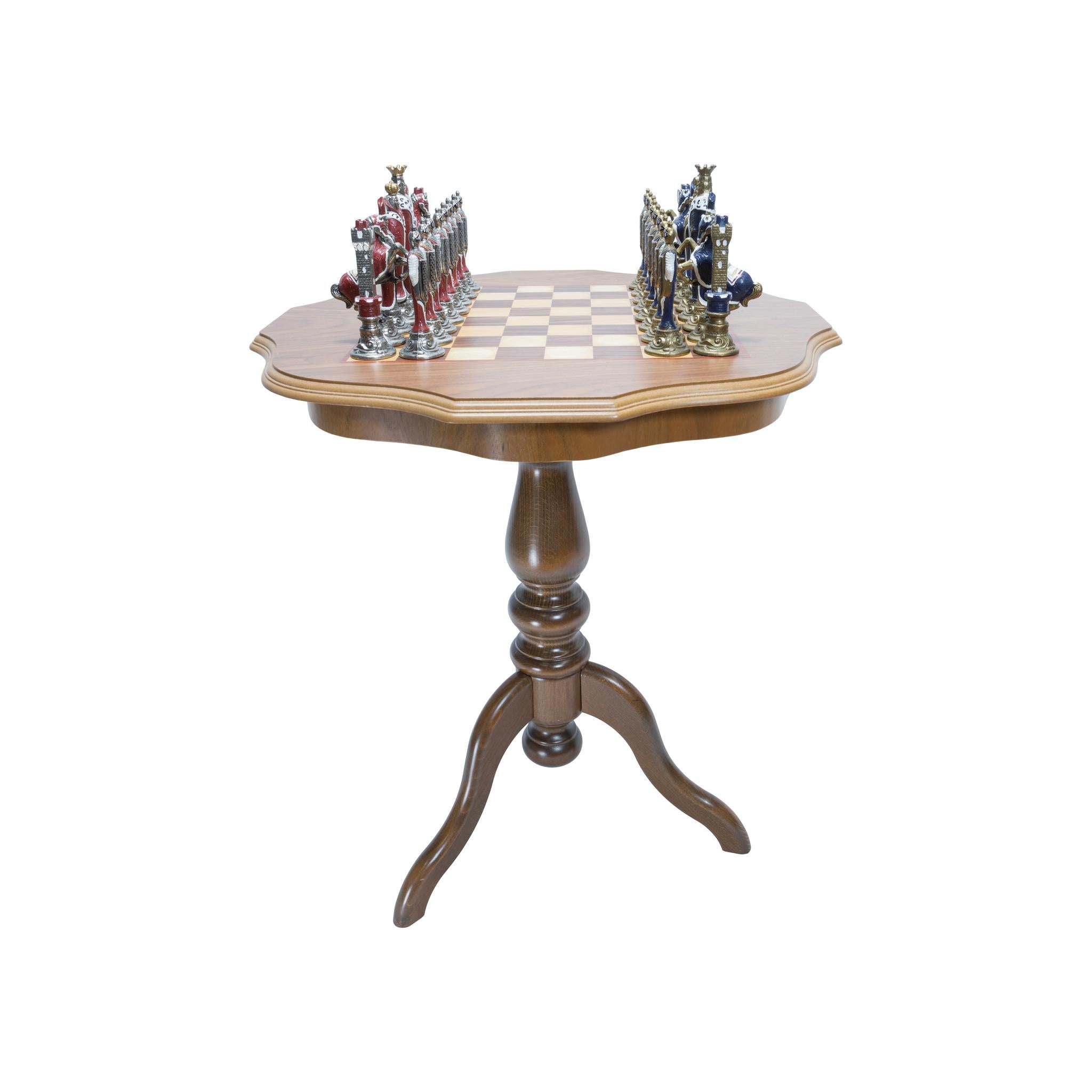 Vintage Italian enameled chess set and table. Italfama Renaissance complete chess set made of solid metal painted by hand. Colors on chess pieces are red and blue. The tallest pieces (Kings) 5 1/2