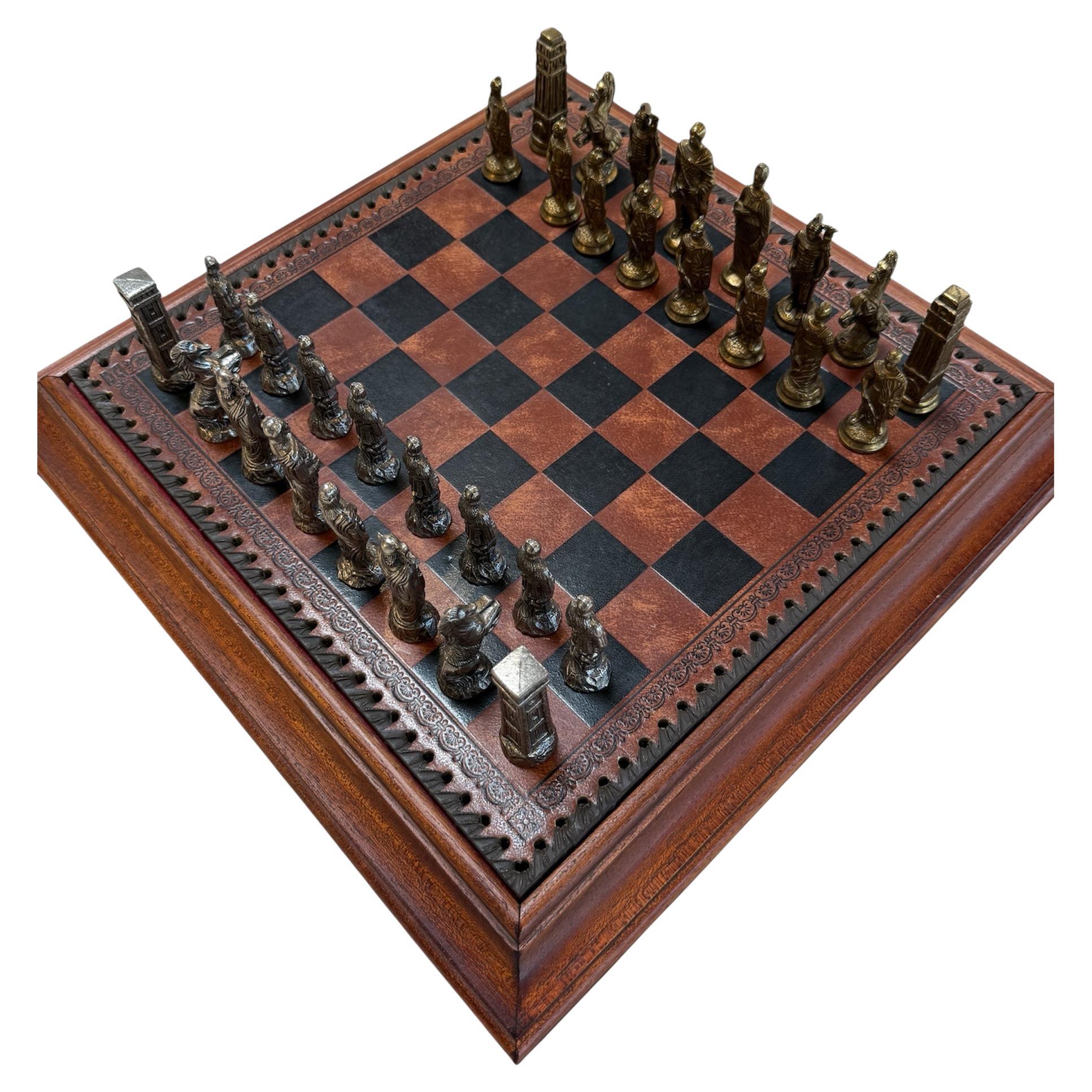 Italian Chess Set in Cast Metal on Carved Wooden Board, 1970s