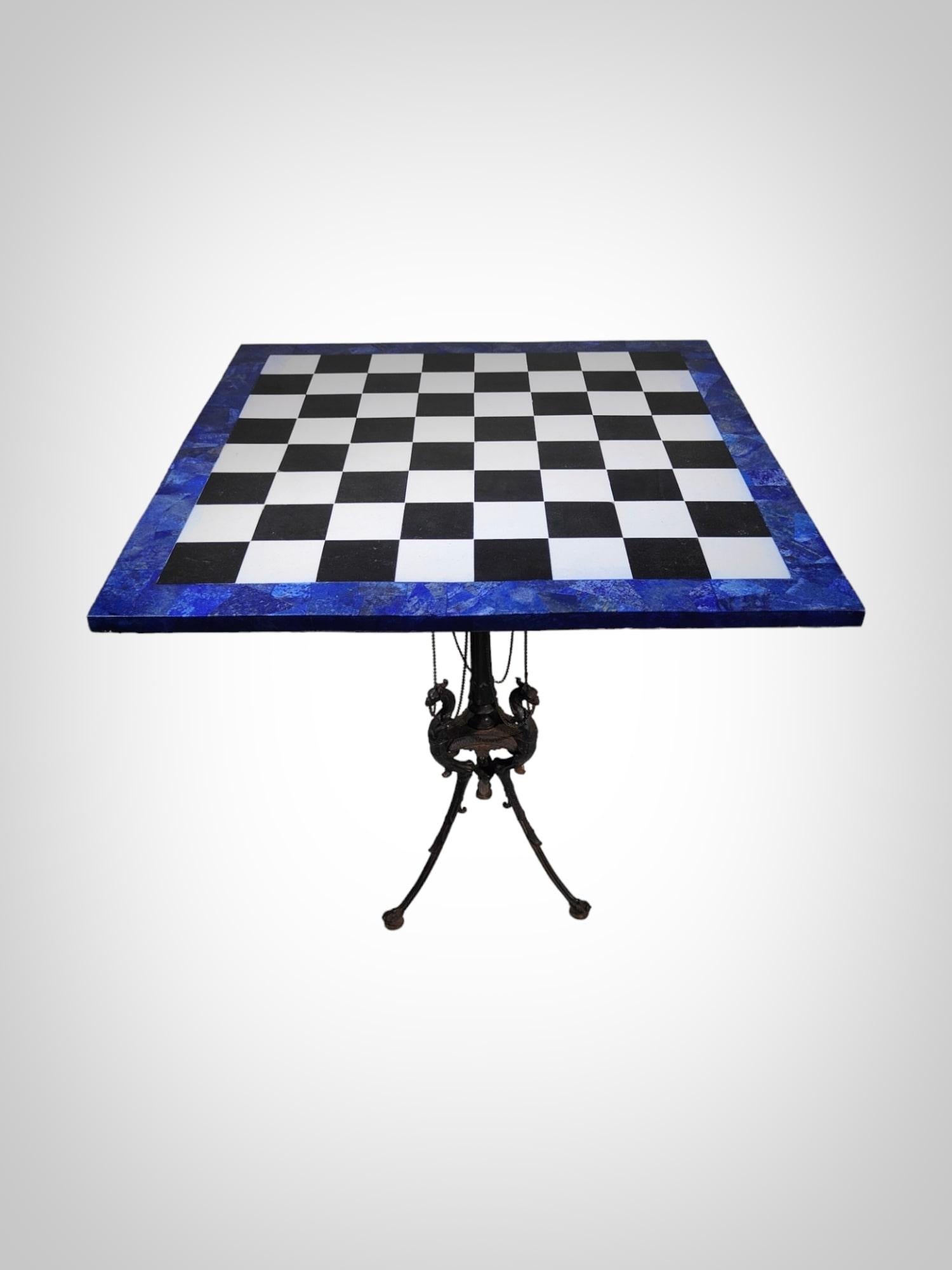 Italian Chess Table from the 1950s - Lapis Lazuli, Marble, and Dragon-Shaped  In Good Condition For Sale In Madrid, ES