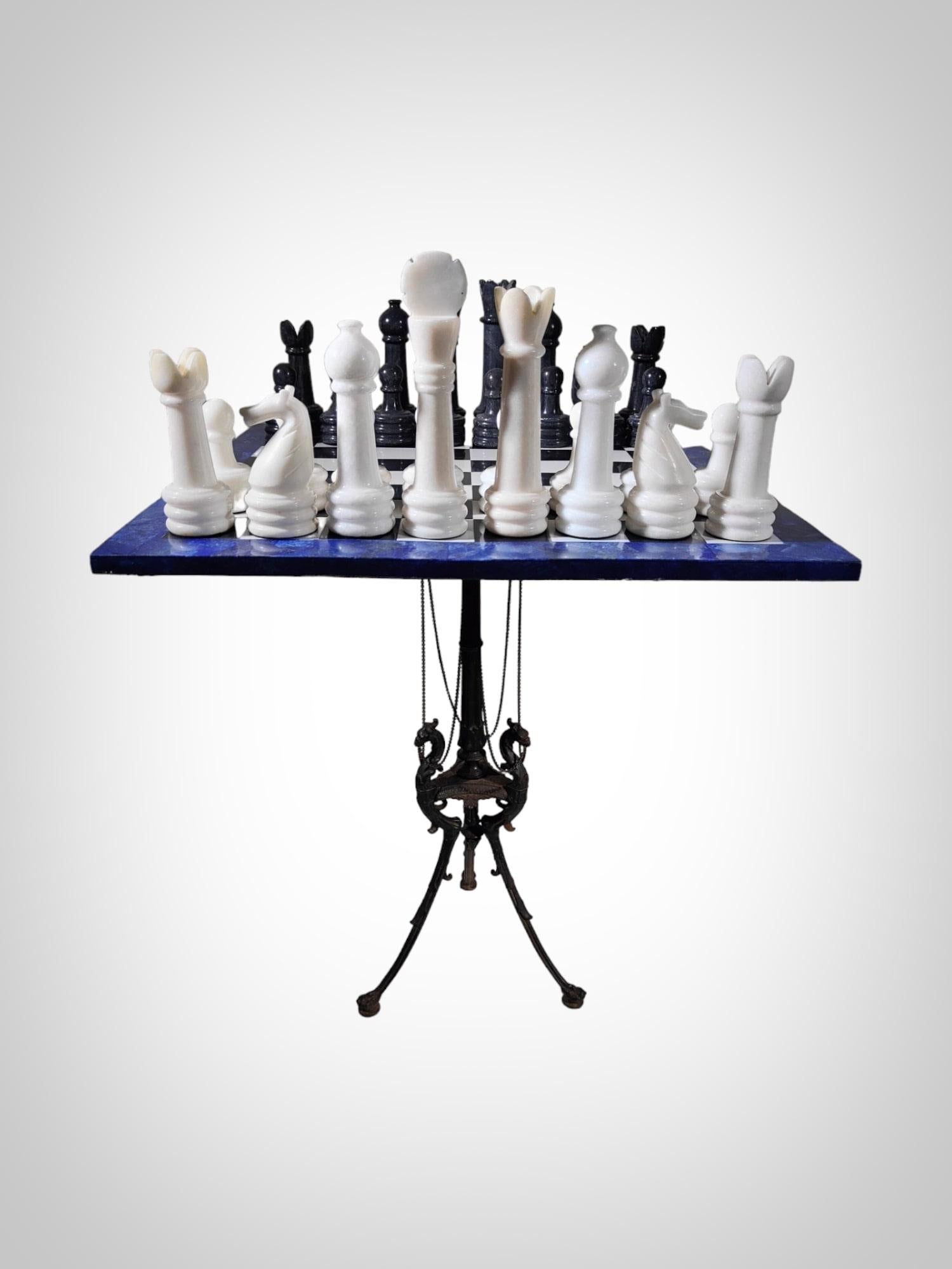 Italian Chess Table from the 1950s - Lapis Lazuli, Marble, and Dragon-Shaped  For Sale 1