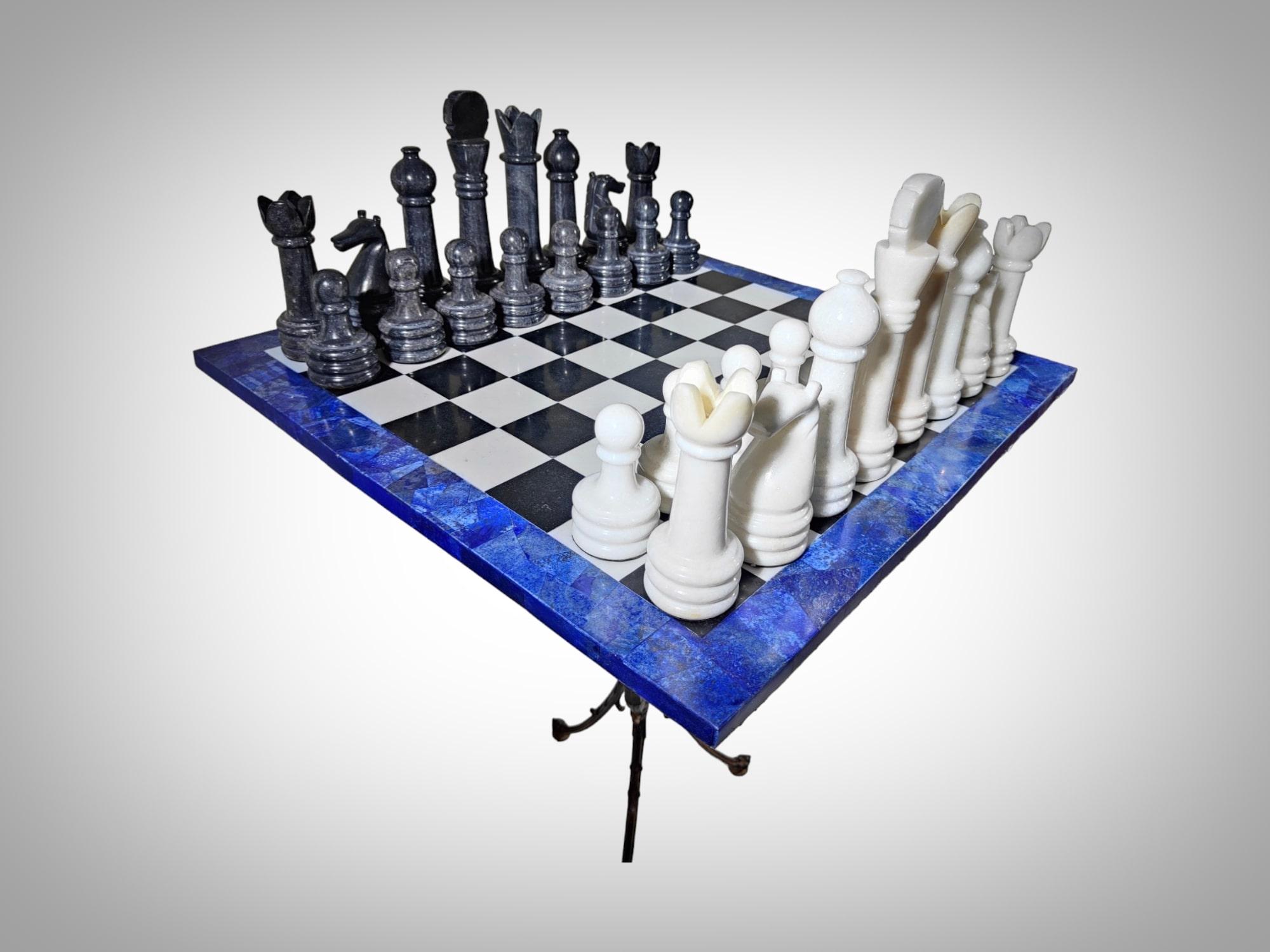 Italian Chess Table from the 1950s - Lapis Lazuli, Marble, and Dragon-Shaped  For Sale 4