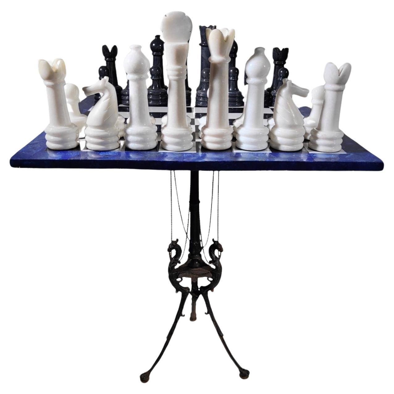 Italian Chess Table from the 1950s - Lapis Lazuli, Marble, and Dragon-Shaped  For Sale