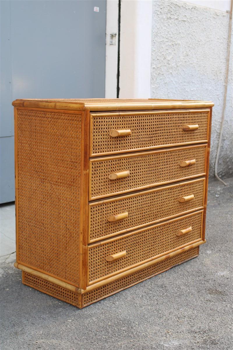 Mid-Century Modern Italian Chest of Drawers 1950 in Bamboo and Vienna Straw with Drawers