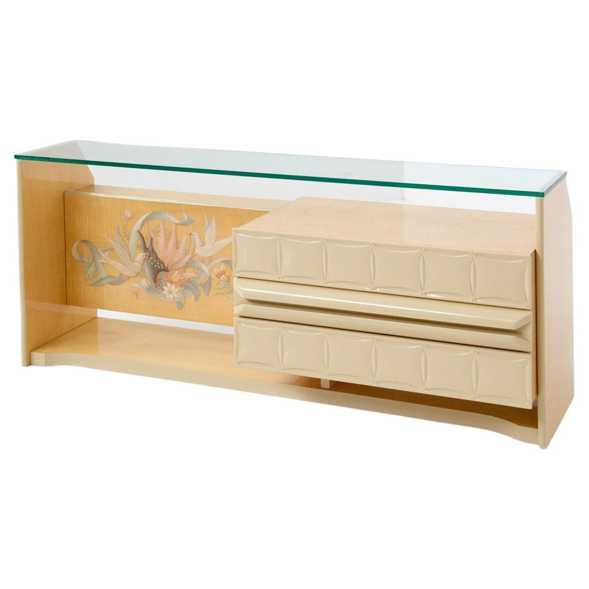 Italienische Kommode mit Intarsien aus Holz und Glas von Giovanni Gariboldi im Angebot