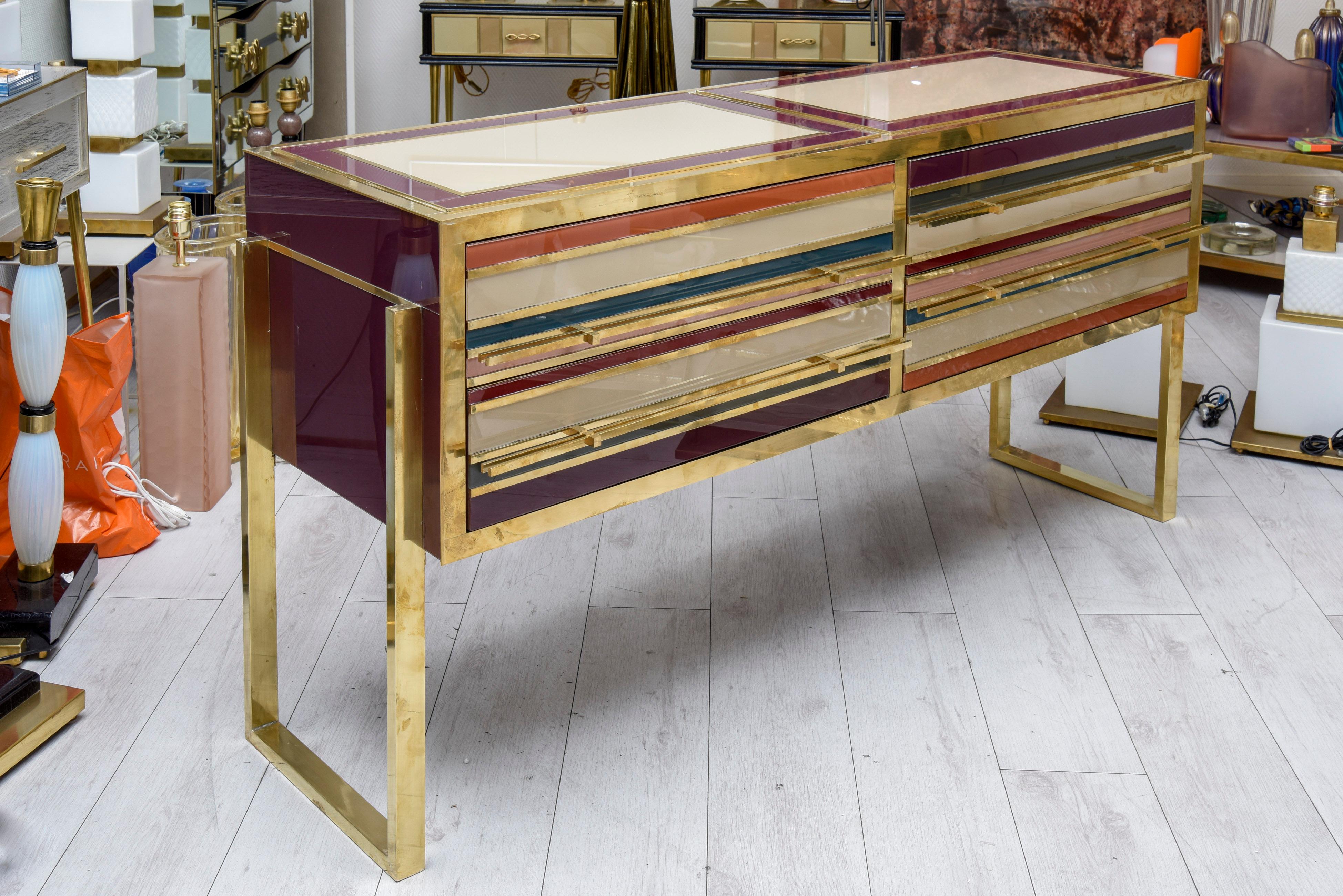 Late 20th Century Italian Chest of Drawers in Tinted Glass and Brass with Four Drawers