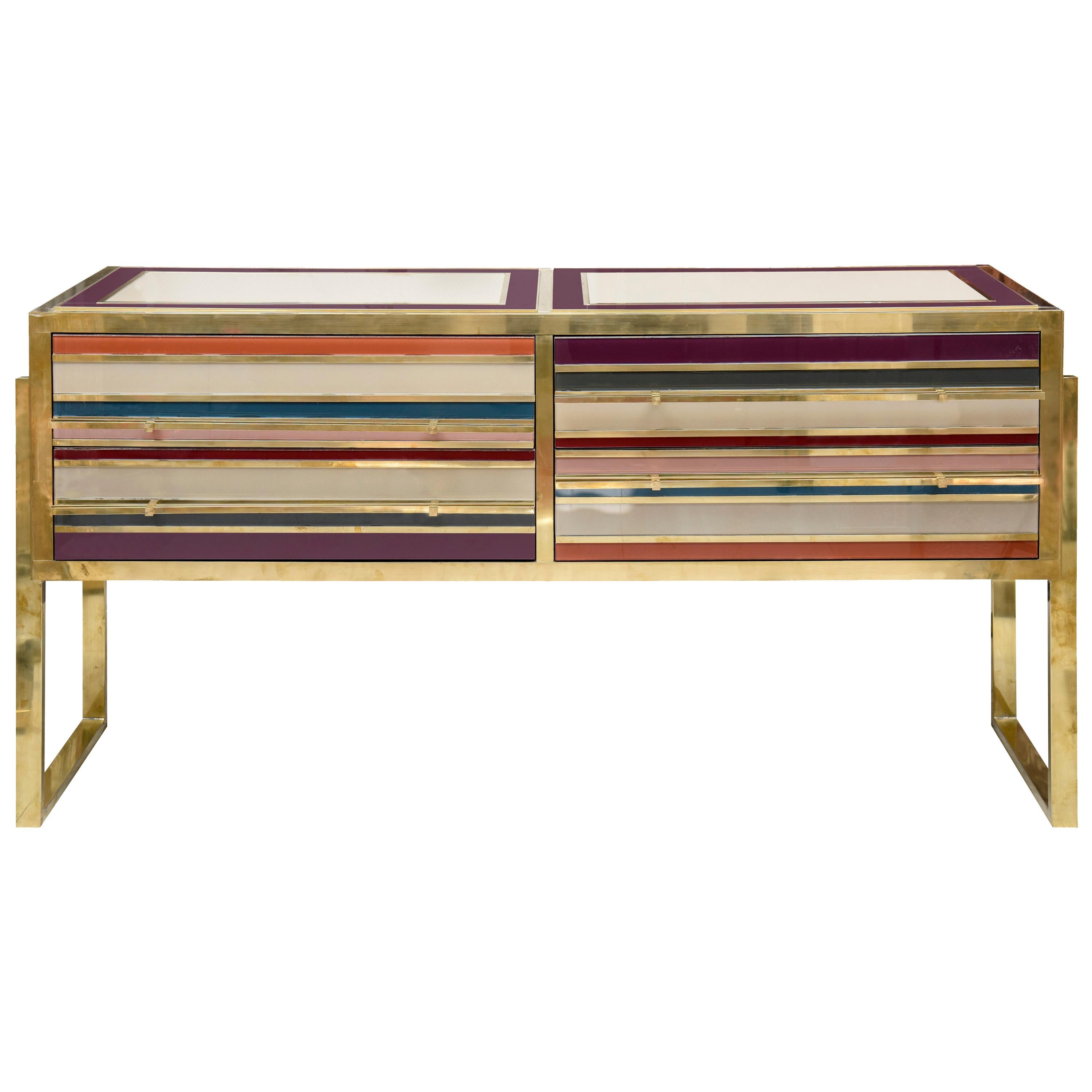 Italian Chest of Drawers in Tinted Glass and Brass with Four Drawers