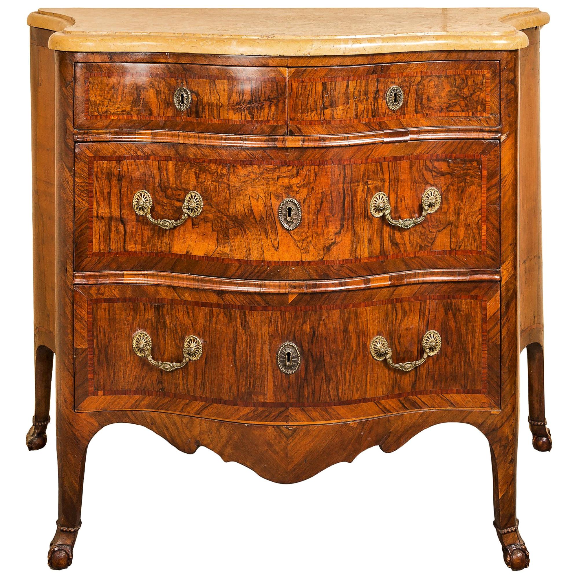 Italian Commode with Marble Top, Naples, 18th Century, Italy Veneered chest For Sale