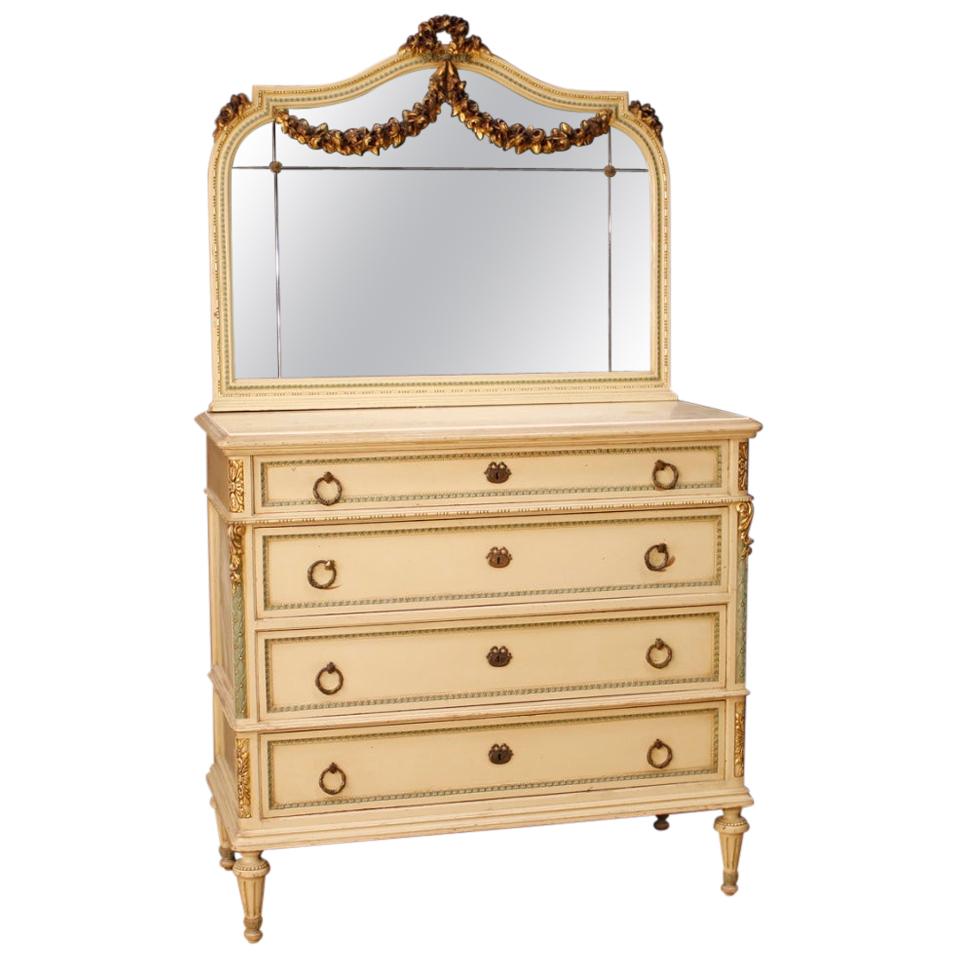 Italian Chest of Drawers with Mirror in Lacquered Wood in Louis XVI Style For Sale